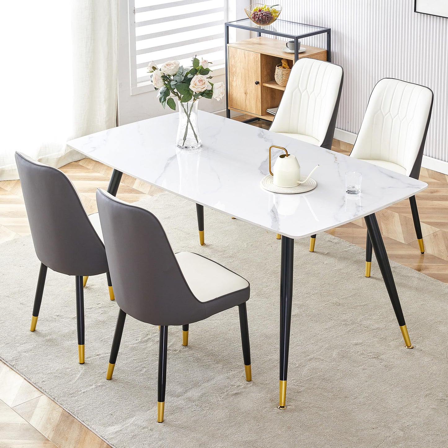 Dining Room Table Set for 4,Sintered Stone Kitchen Table Top and Modern Chairs