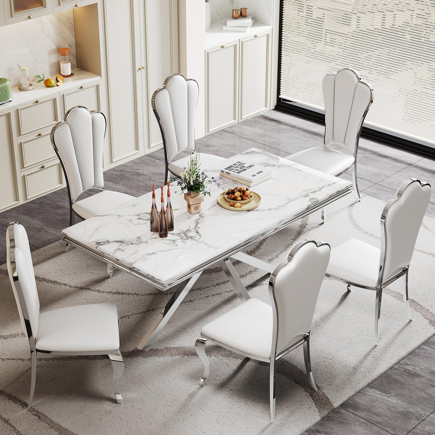 70 Inch White Marble Kitchen Table with Gold Mirrored Cabriole Legs