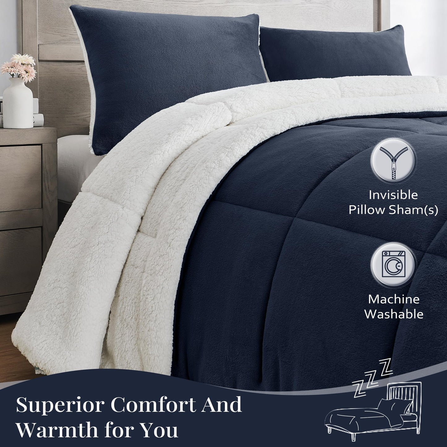 Luxury Fleece Sherpa Comforter Sets for Queen Bed, Soft and Warm Set