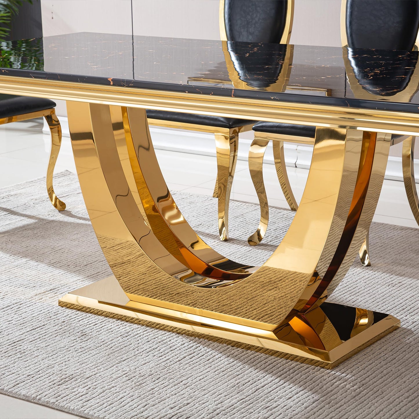 70 Inch White Marble Kitchen Table with Gold Mirrored Cabriole Legs