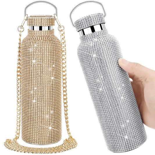 2 Pieces Bling Water Bottle Diamond - Rhinestone with Chain Stainless Steel