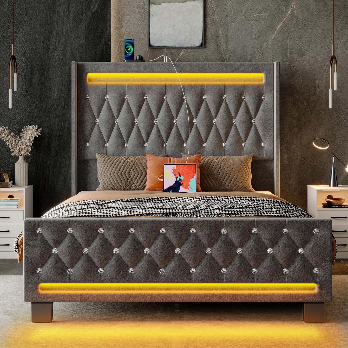 LED Light and Charging Station, Upholstered High Headboard and Footboard