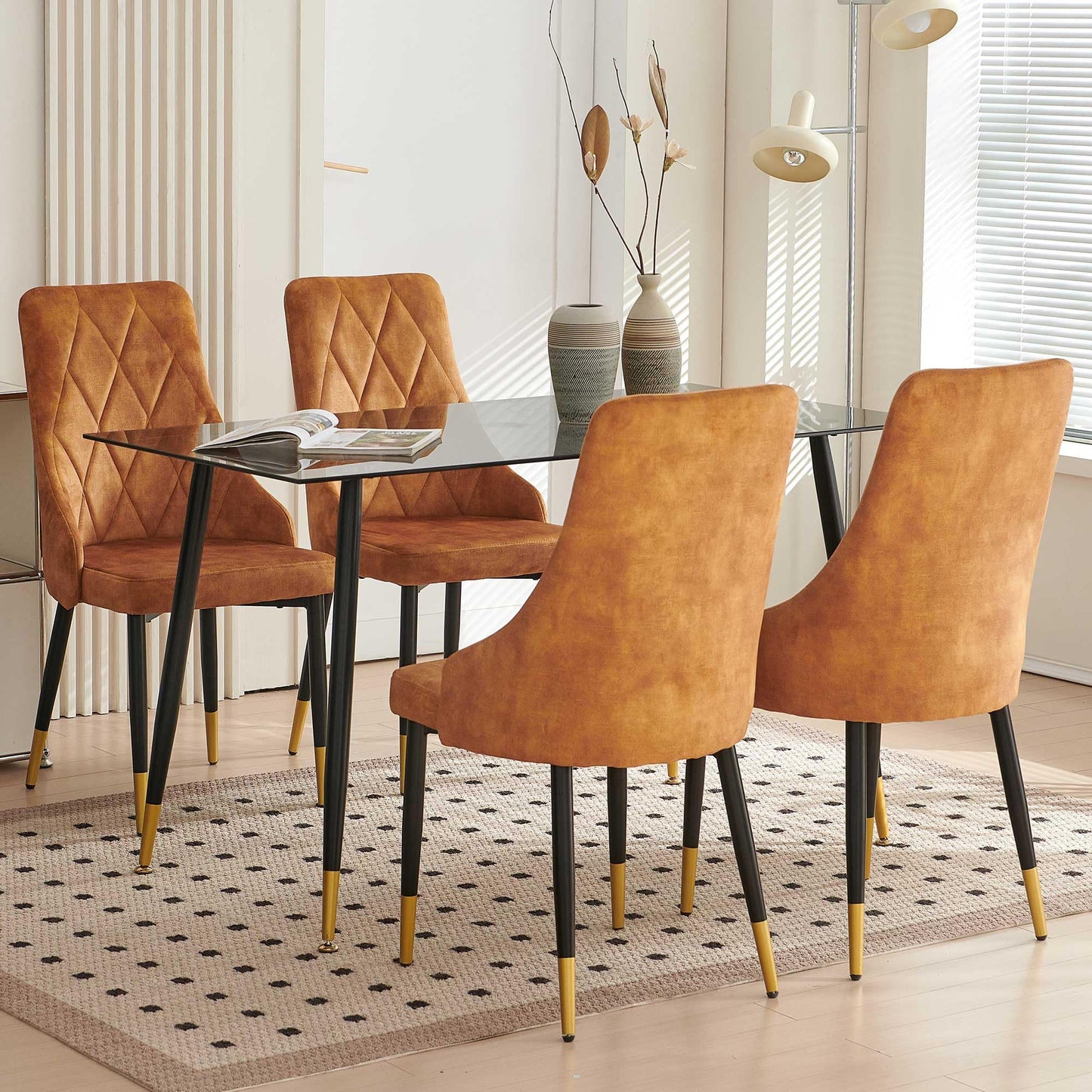 Kitchen Table and Chairs Set, Grey Glass Round Table with Metal Legs, 4 Chairs