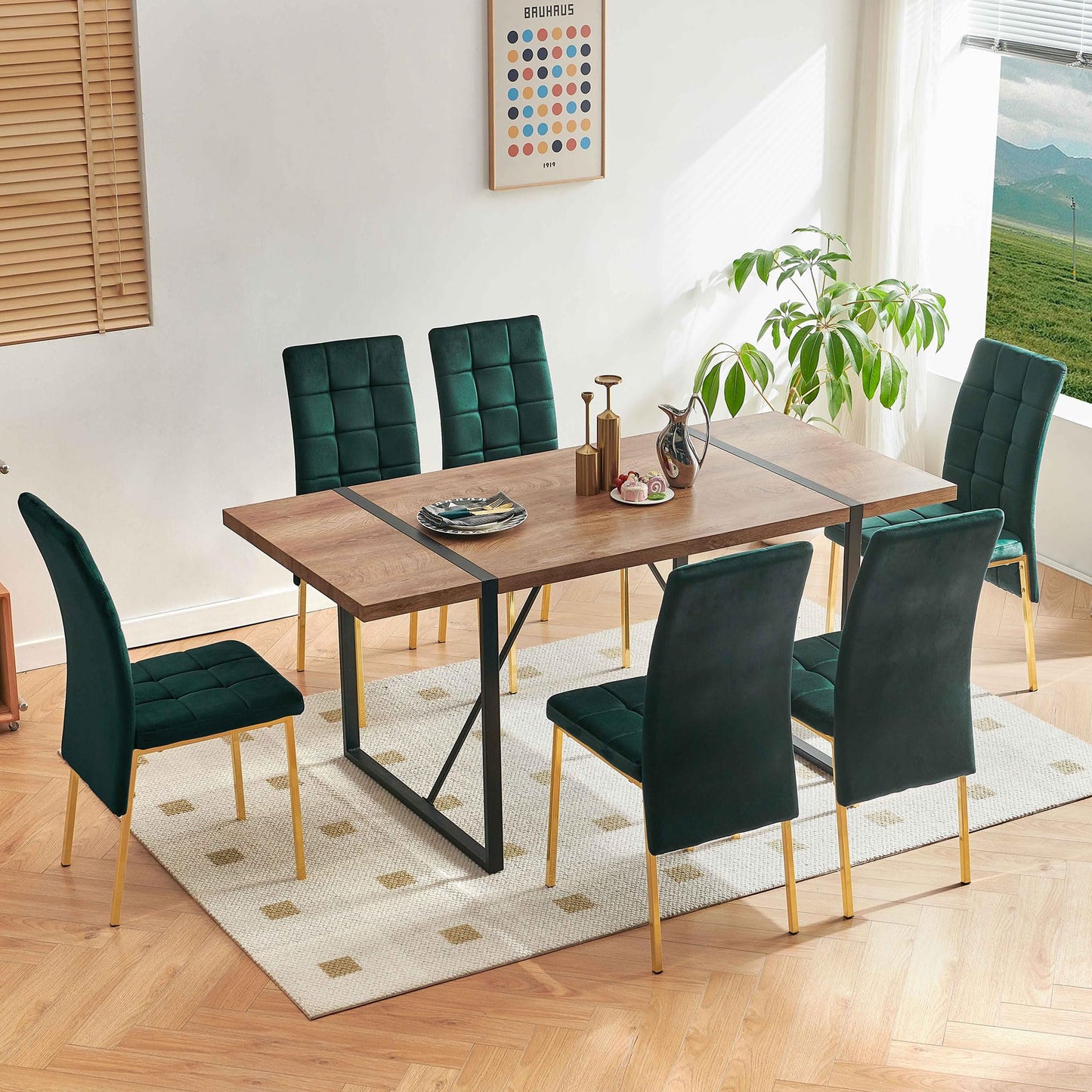 7 PCS Dining Room Table Set, 66" Large Kitchen Table Chairs Velvet Upholstered Chairs