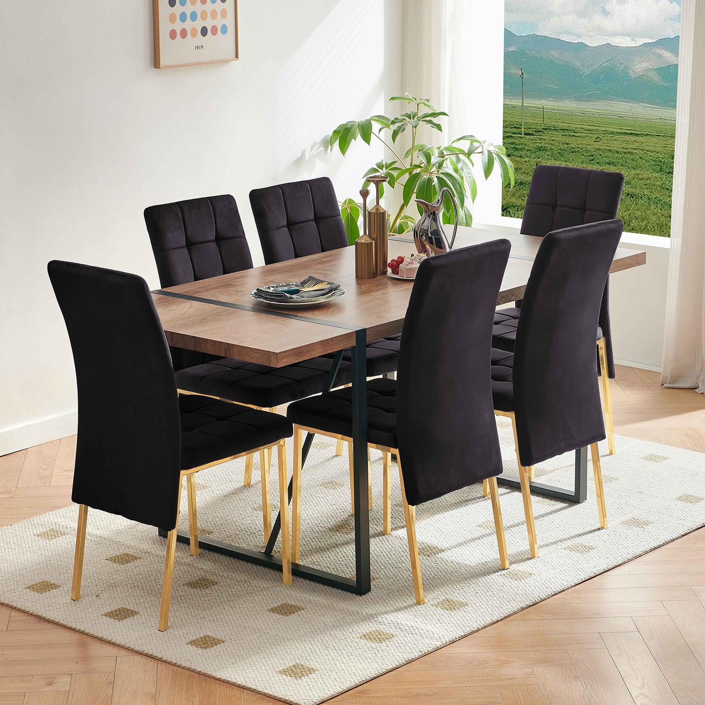 7 PCS Dining Room Table Set, 66" Large Kitchen Table Chairs Velvet Upholstered Chairs