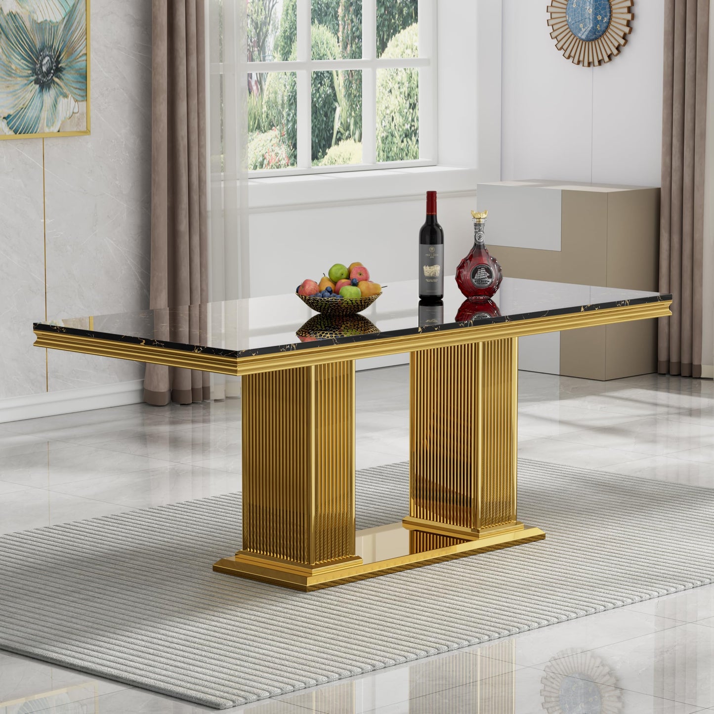 70 Inch White Marble Kitchen Table with Gold Mirrored Cabriole Legs