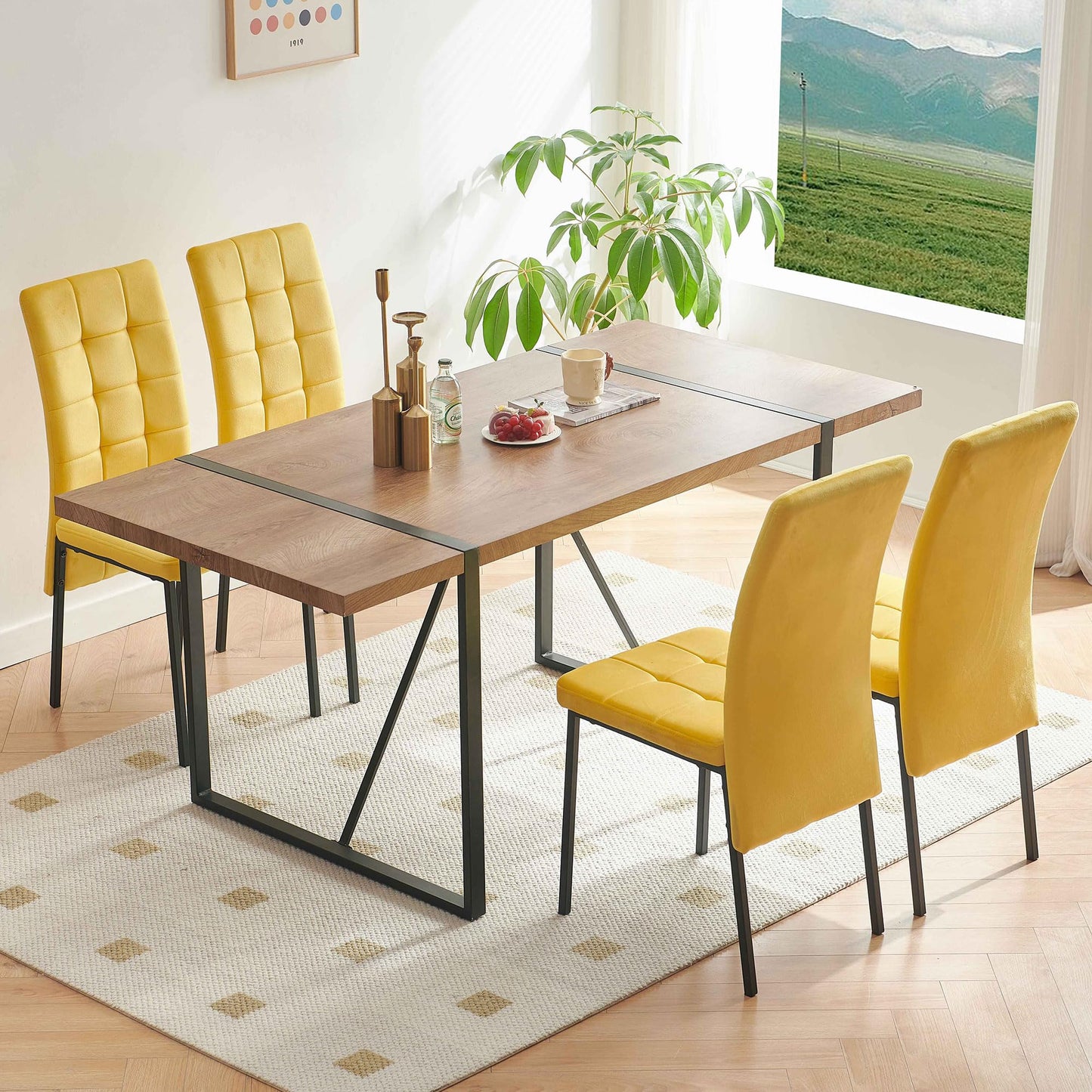 7 PCS Dining Room Table Set, 66" Large Kitchen Table Chairs Velvet Upholstered Chairs