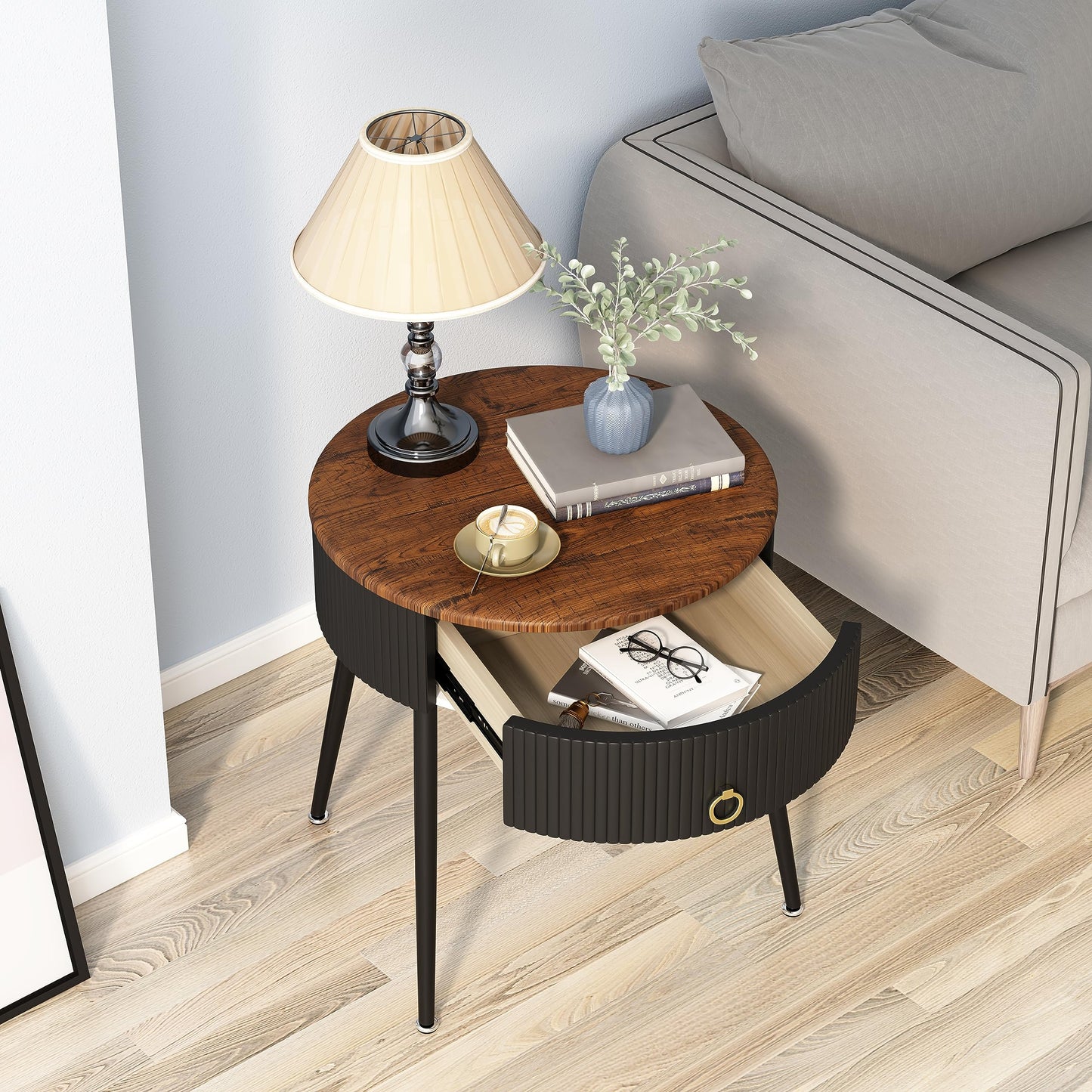 Side Tables Set of 2, Round Nightstand with Drawer, Rustic Brown and Black