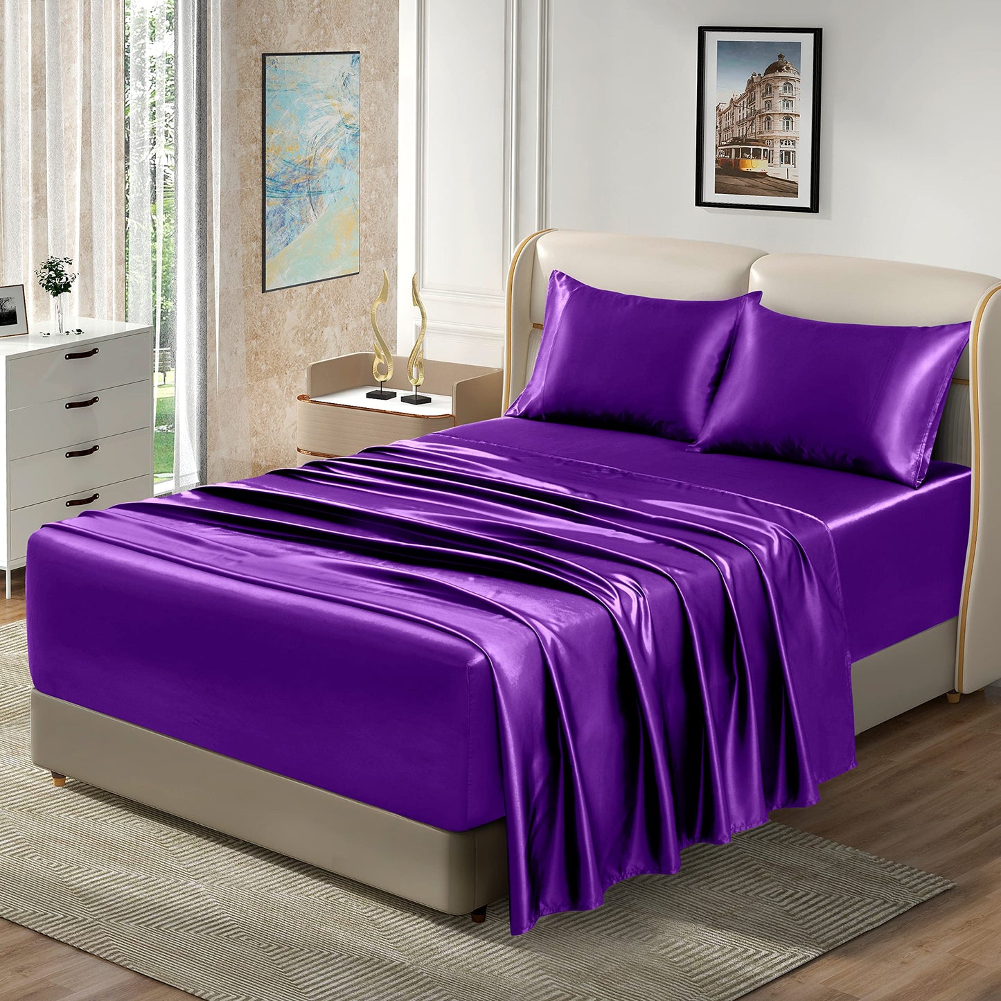 4pcs Satin Sheets Set Luxury Silky Satin Bedding Set with Deep Pocket