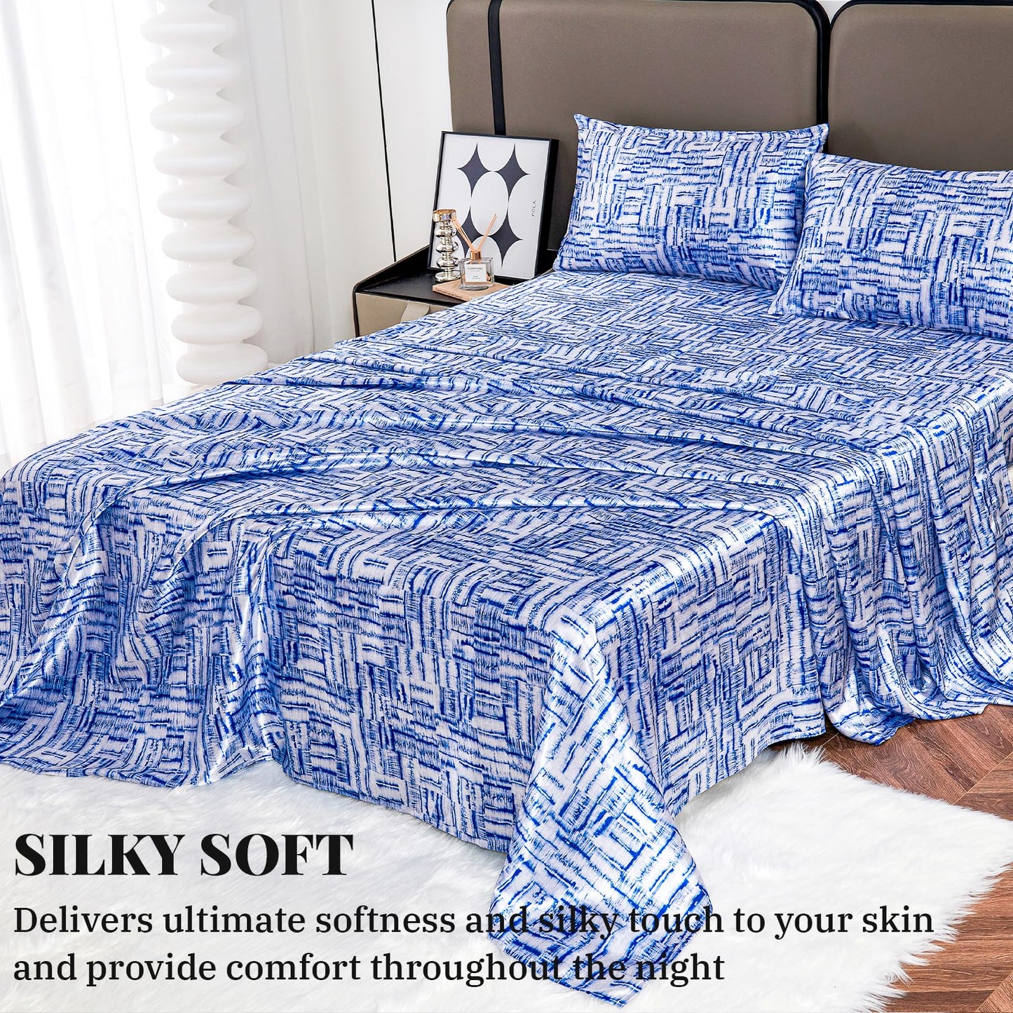 Floral Print - Luxurious Silky Feel Queen Sheet Set - Elegant Smooth Satin Bed Sheets