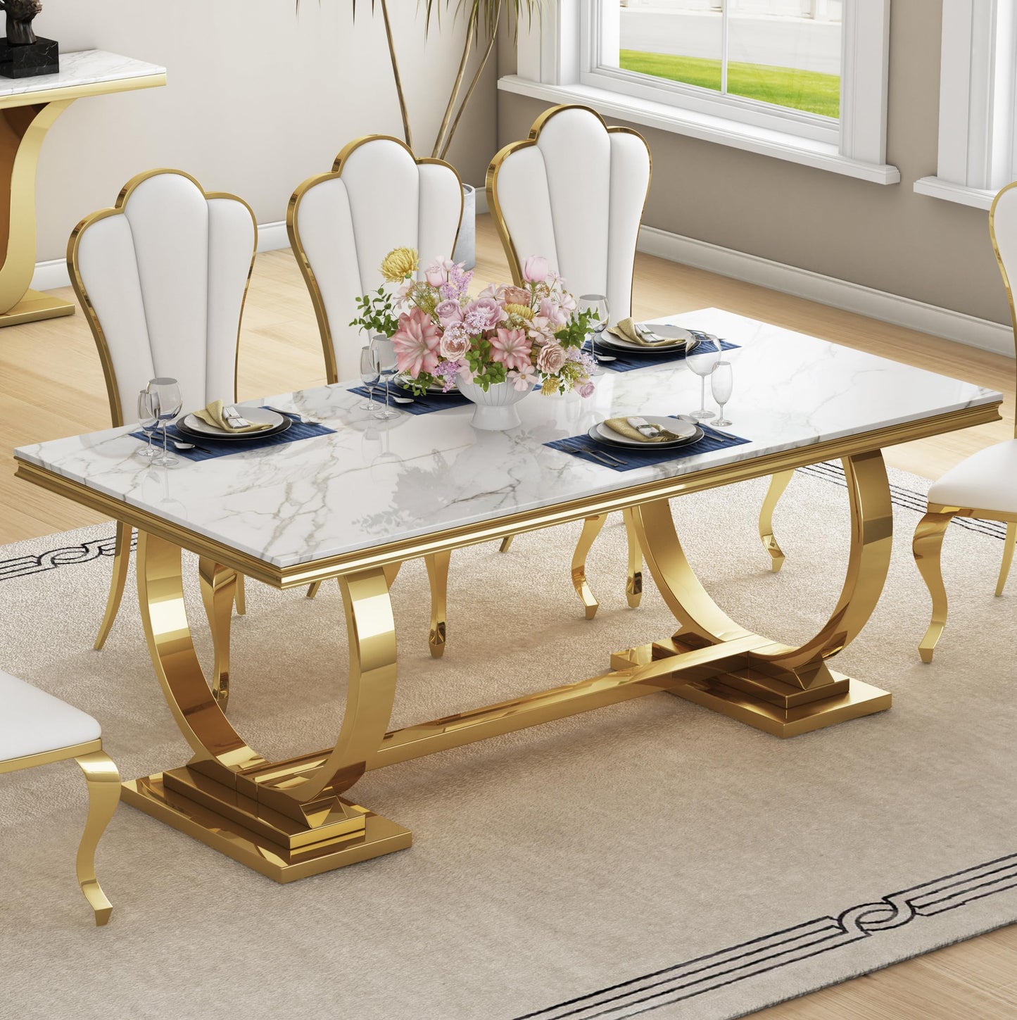 70 Inch White Marble Kitchen Table with Gold Mirrored Cabriole Legs