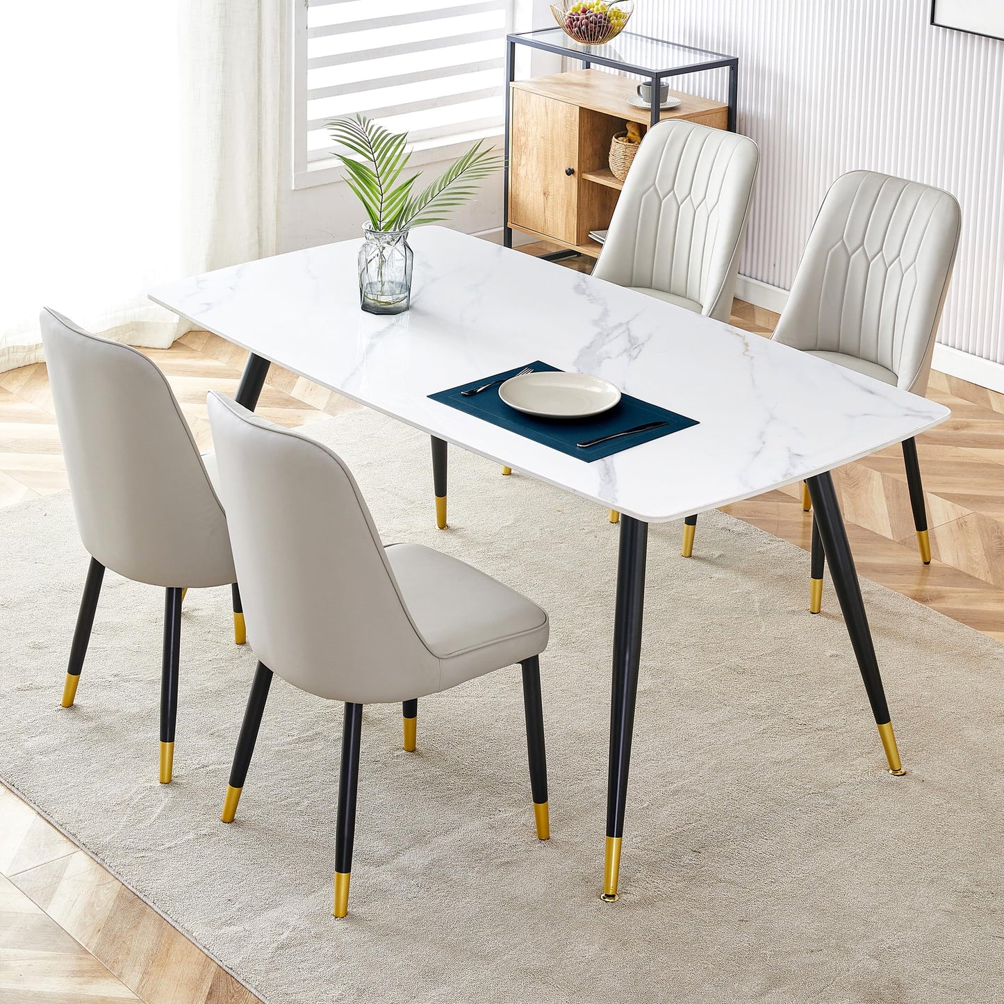 Dining Room Table Set for 4,Sintered Stone Kitchen Table Top and Modern Chairs