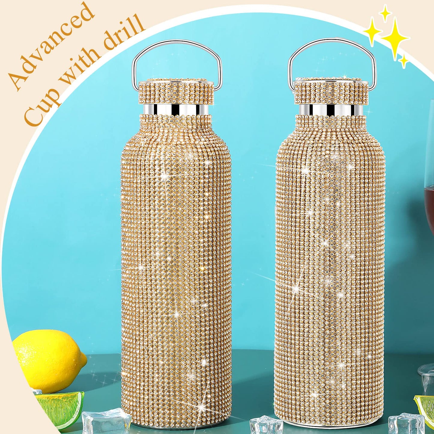 2 Pieces Bling Water Bottle Diamond - Rhinestone with Chain Stainless Steel