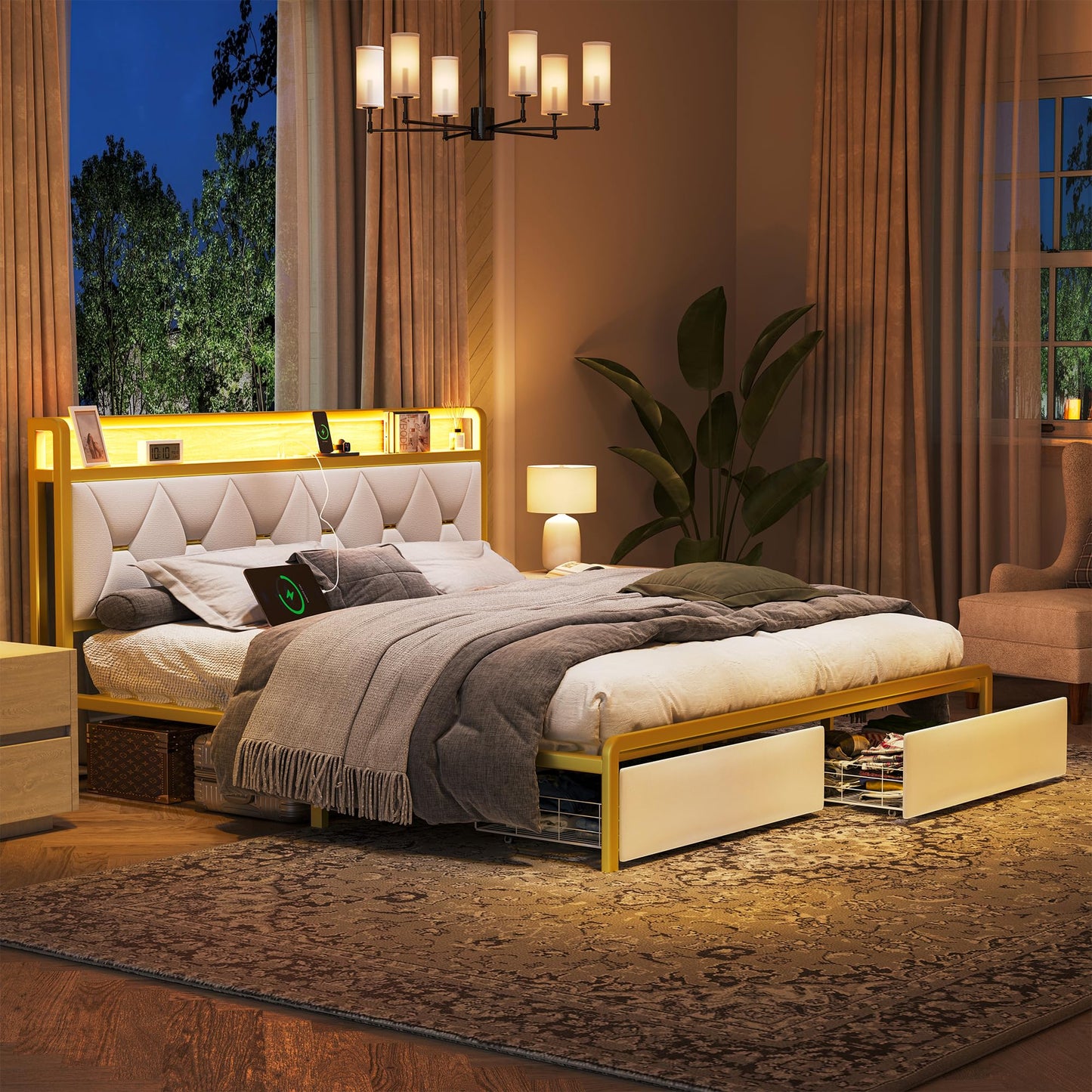 Led King Platform Bed Frame with Faux Leather Storage Headboard