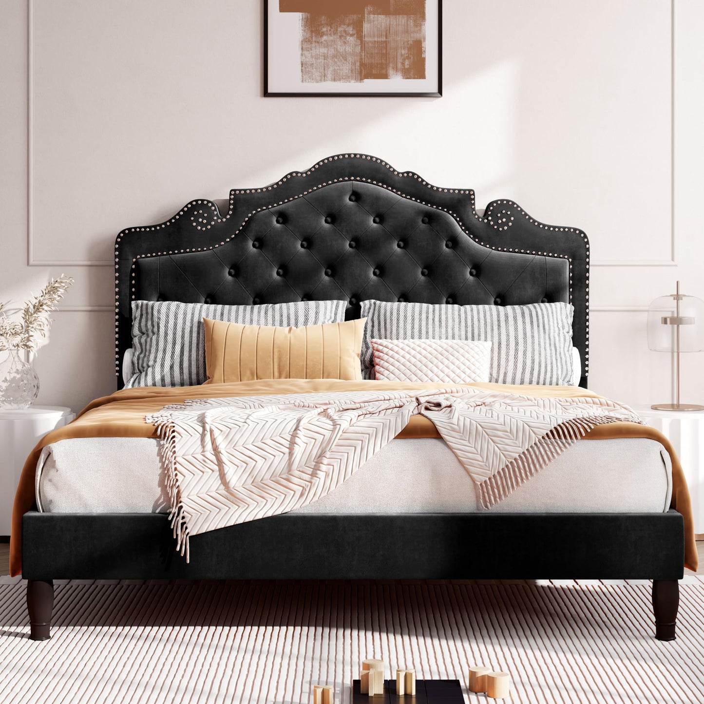 Velvet Tiara Upholstered Diamond Button Tufted Platform Bed