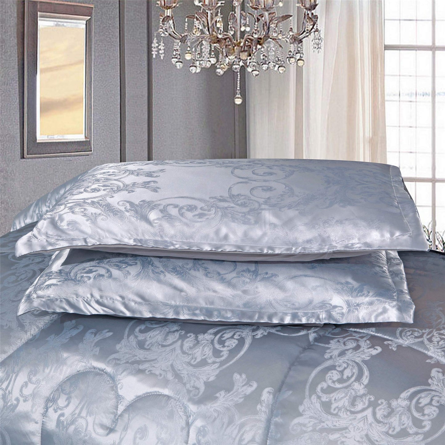 Comforter Set Satin Silk Blanket All Season Bed Luxury Royal Blue Jacquard