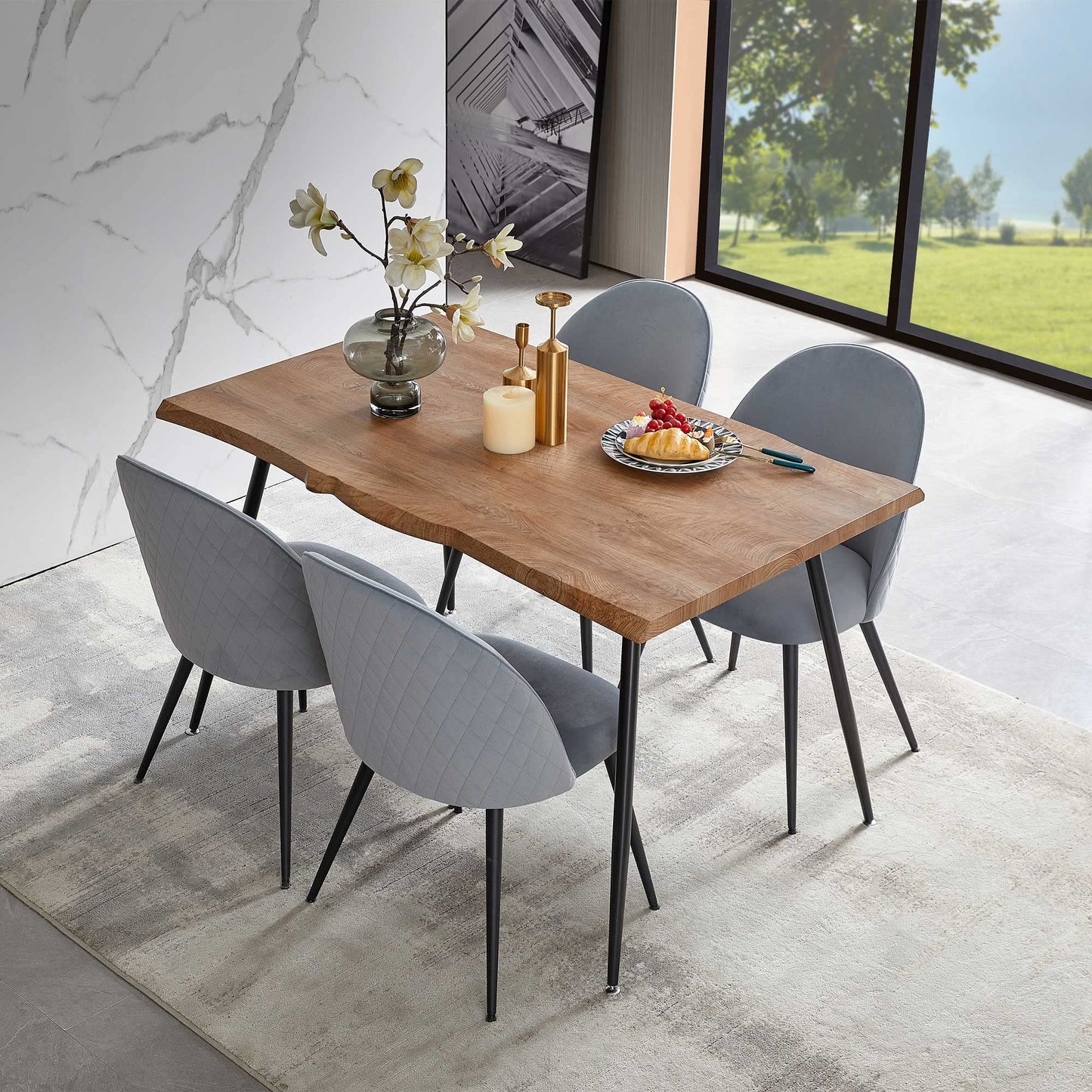 Modern Dining Table Set for 4 with Upholstered Dining Chairs Velvet