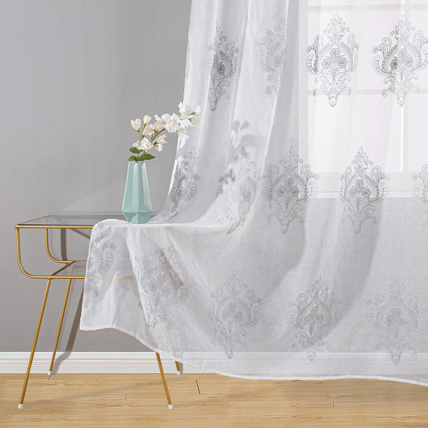 White Sheer 90 Inches Linen Grey Damask Embroidered Window Curtains