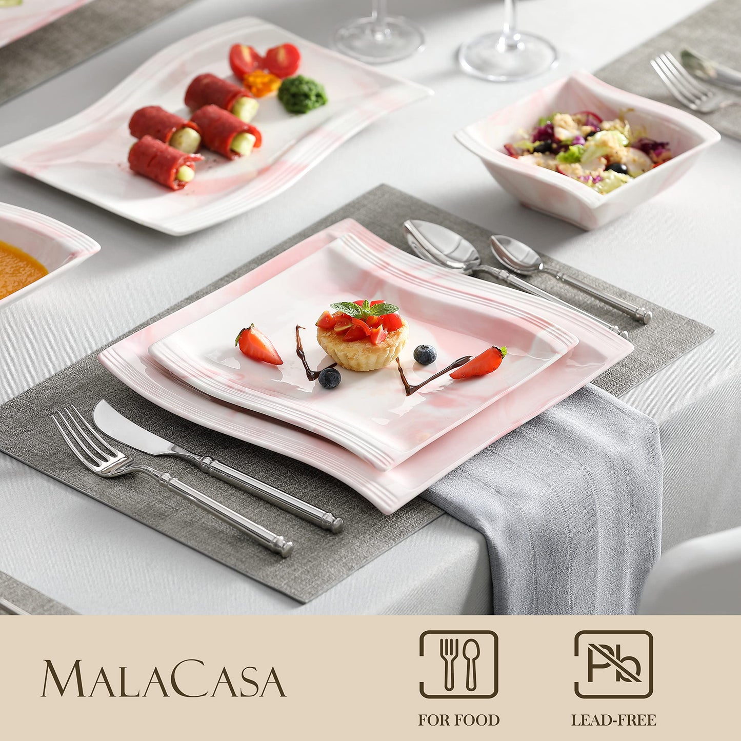 Dinnerware Sets, 12-Piece Porcelain Plates and Bowls Sets, Square Marble