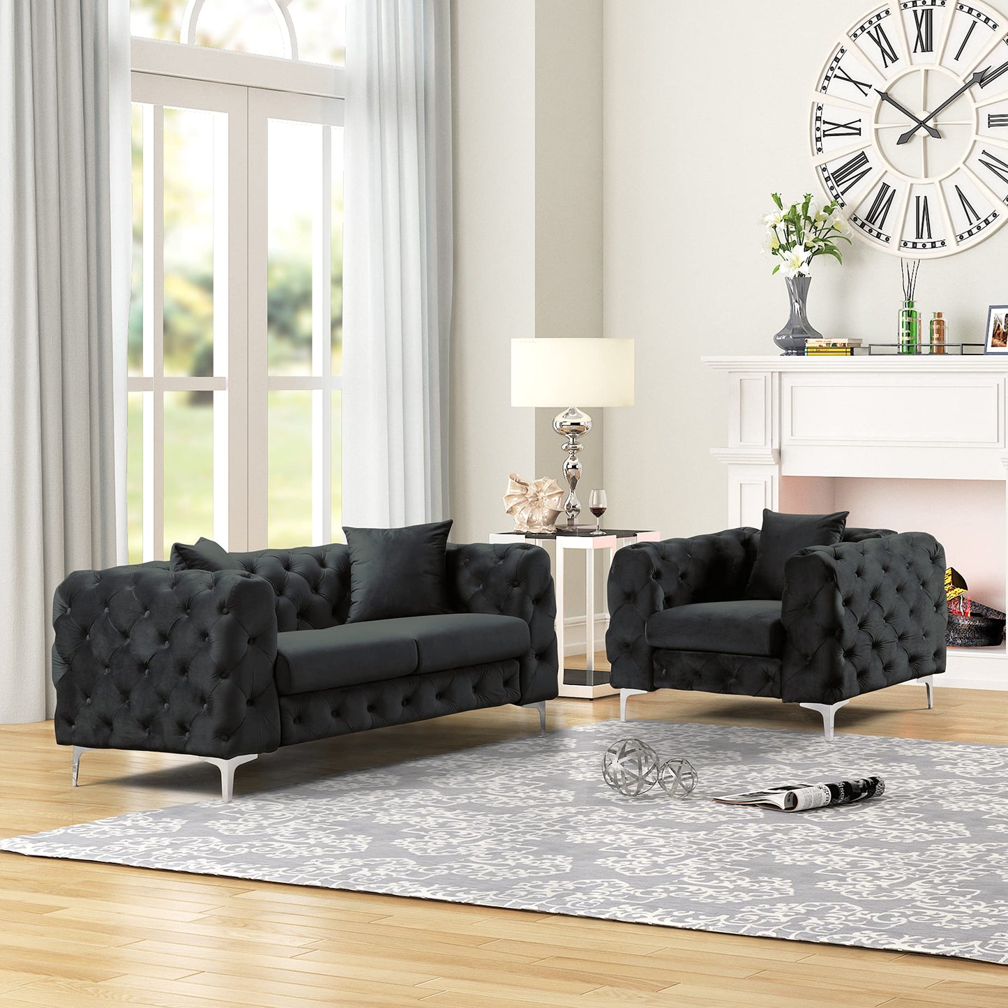 Velvet Couch Black Sofa Upholstered Modern Contemporary Sofa with Deep Button Tufting