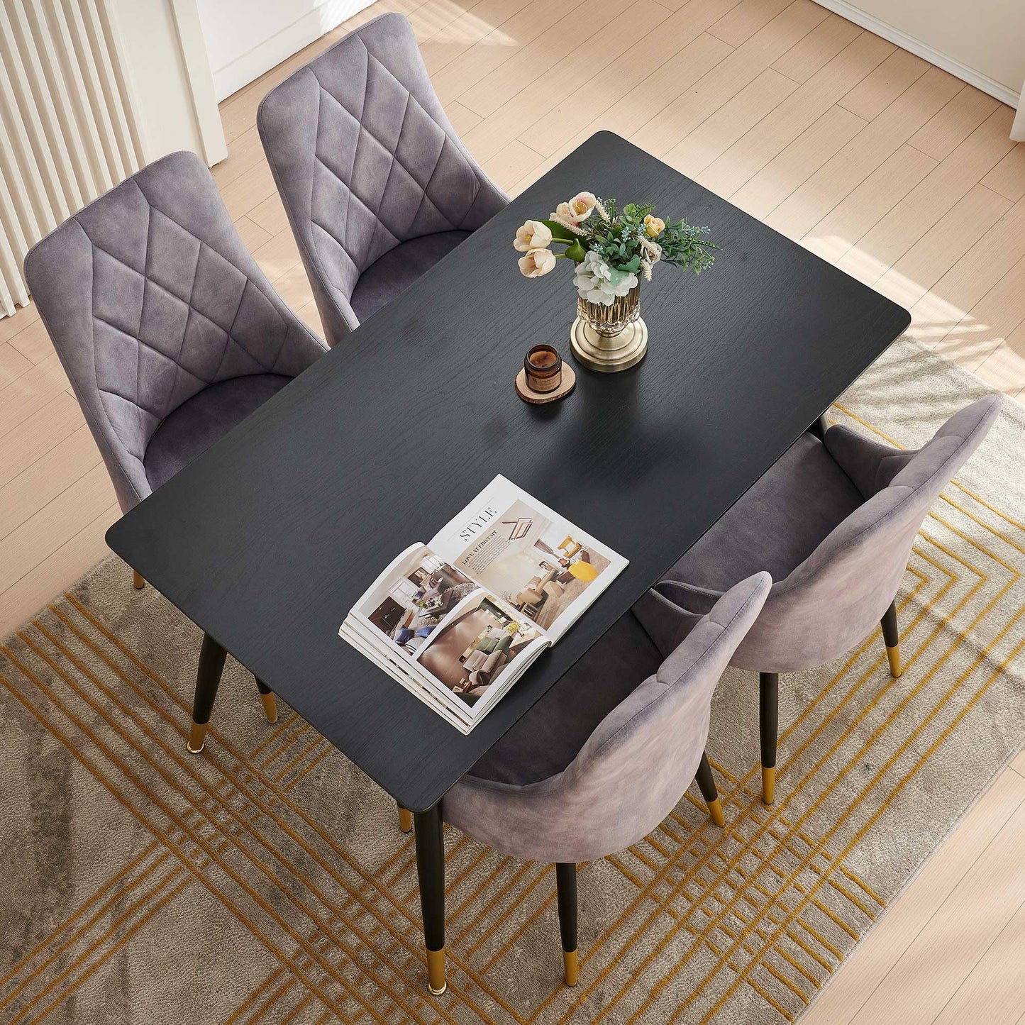 Kitchen Table and Chairs Set, Grey Glass Round Table with Metal Legs, 4 Chairs