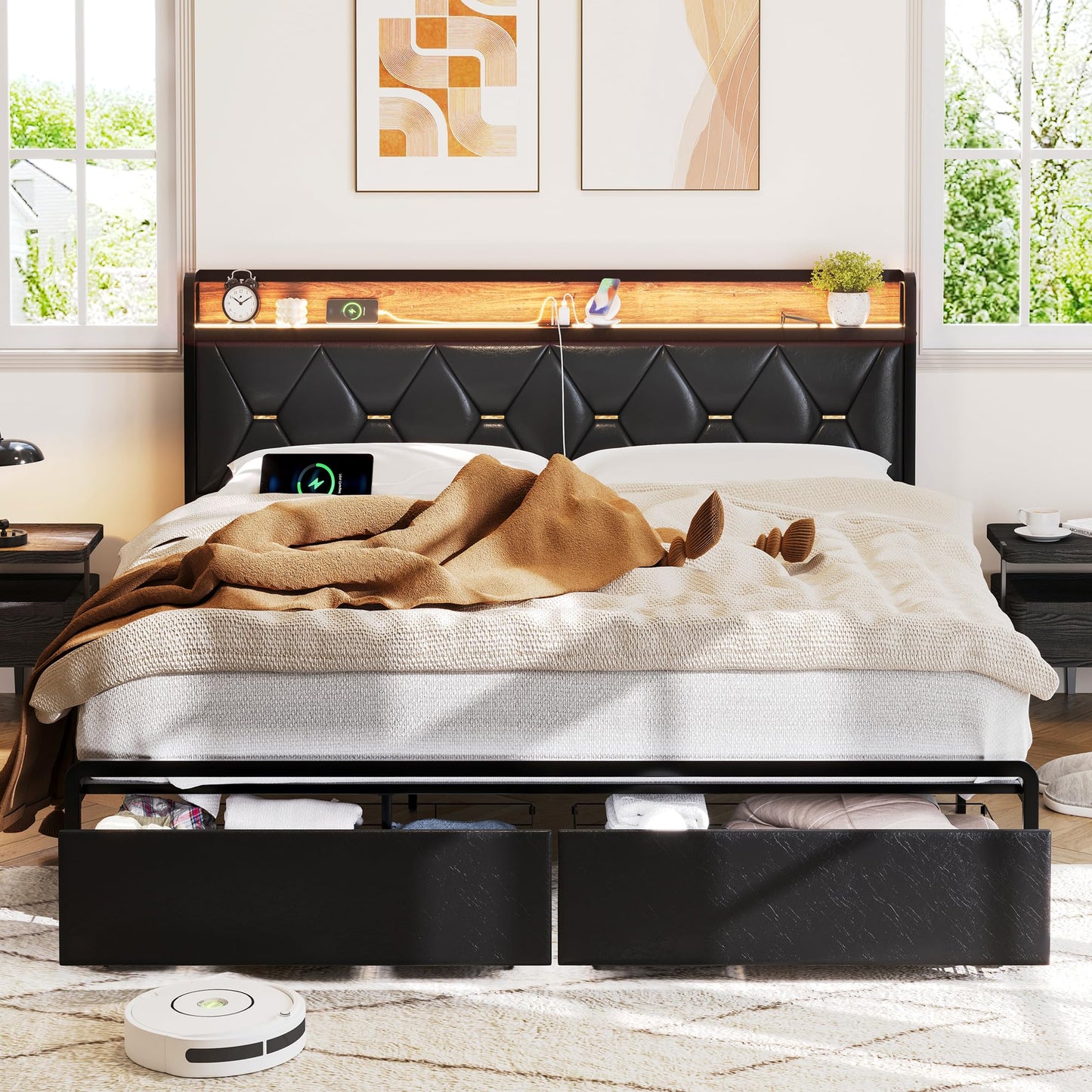 Led King Platform Bed Frame with Faux Leather Storage Headboard