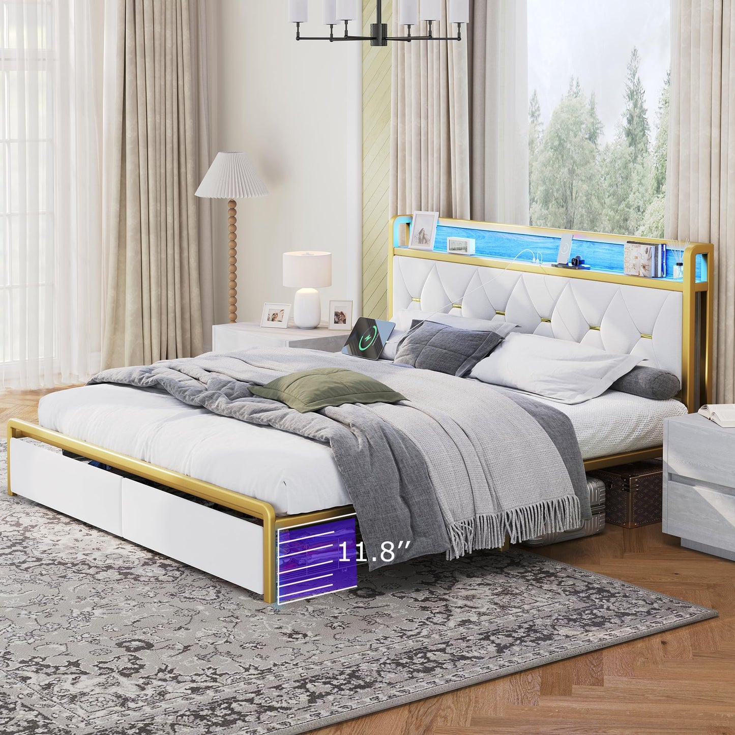 Led King Platform Bed Frame with Faux Leather Storage Headboard