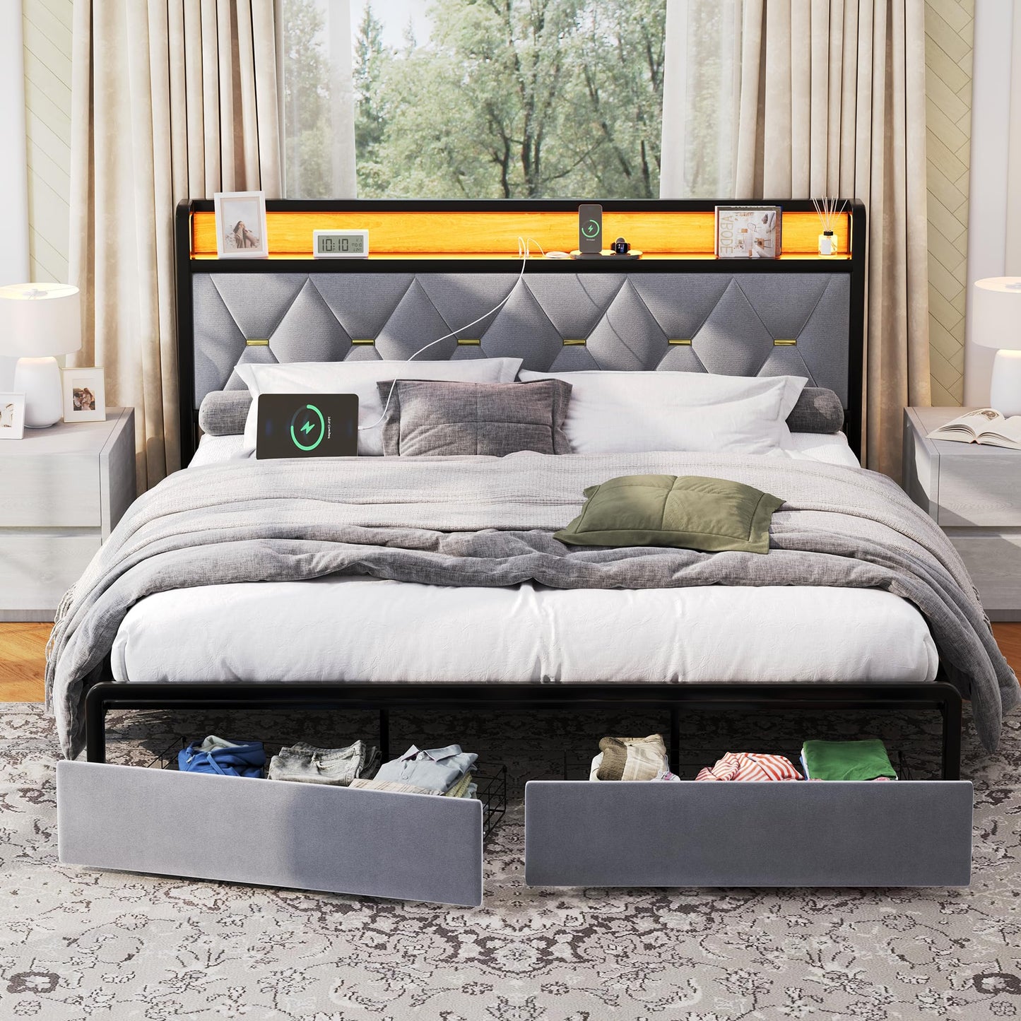 Led King Platform Bed Frame with Faux Leather Storage Headboard