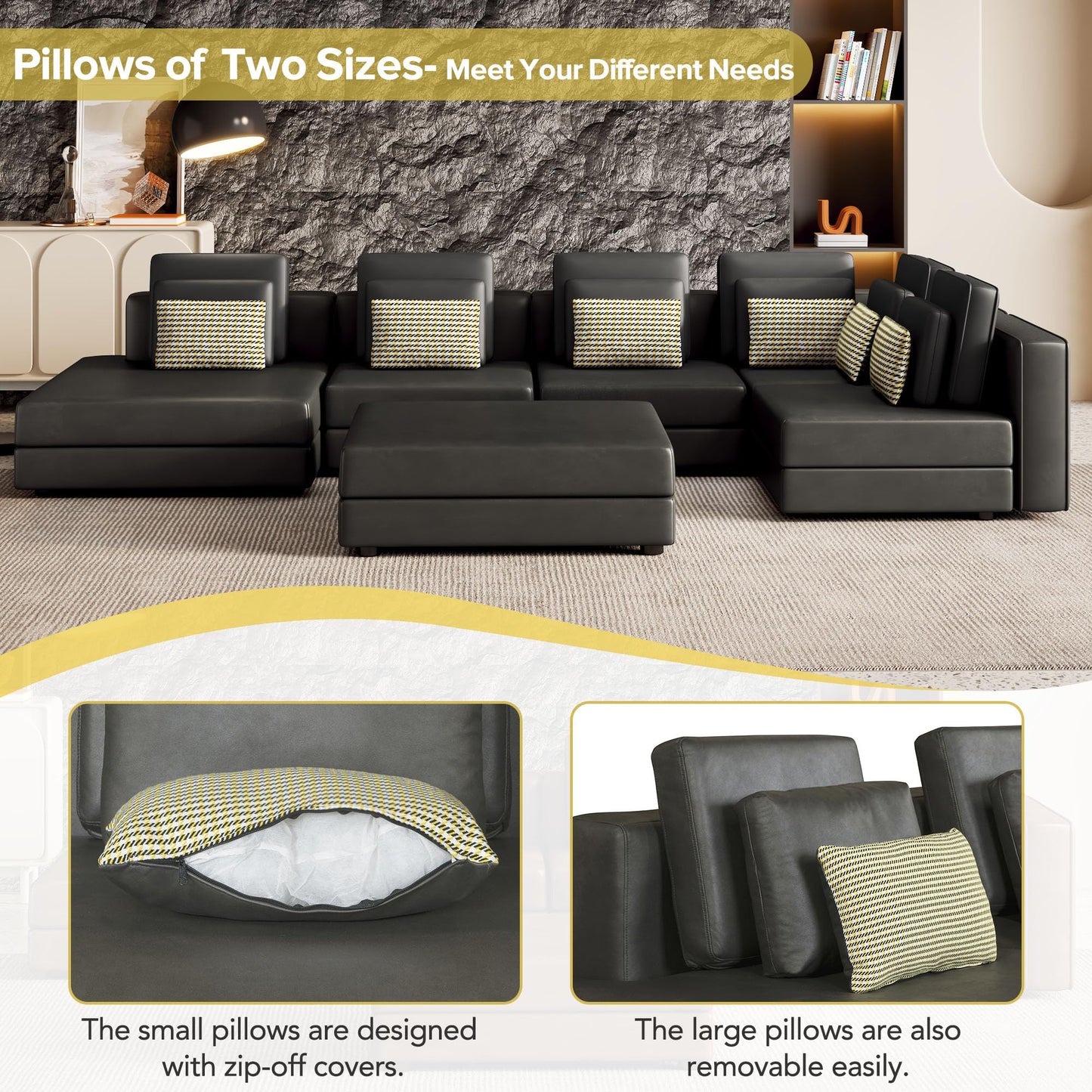 Oversized Modular Technical Leather Sectional Sofa Couch U Shaped