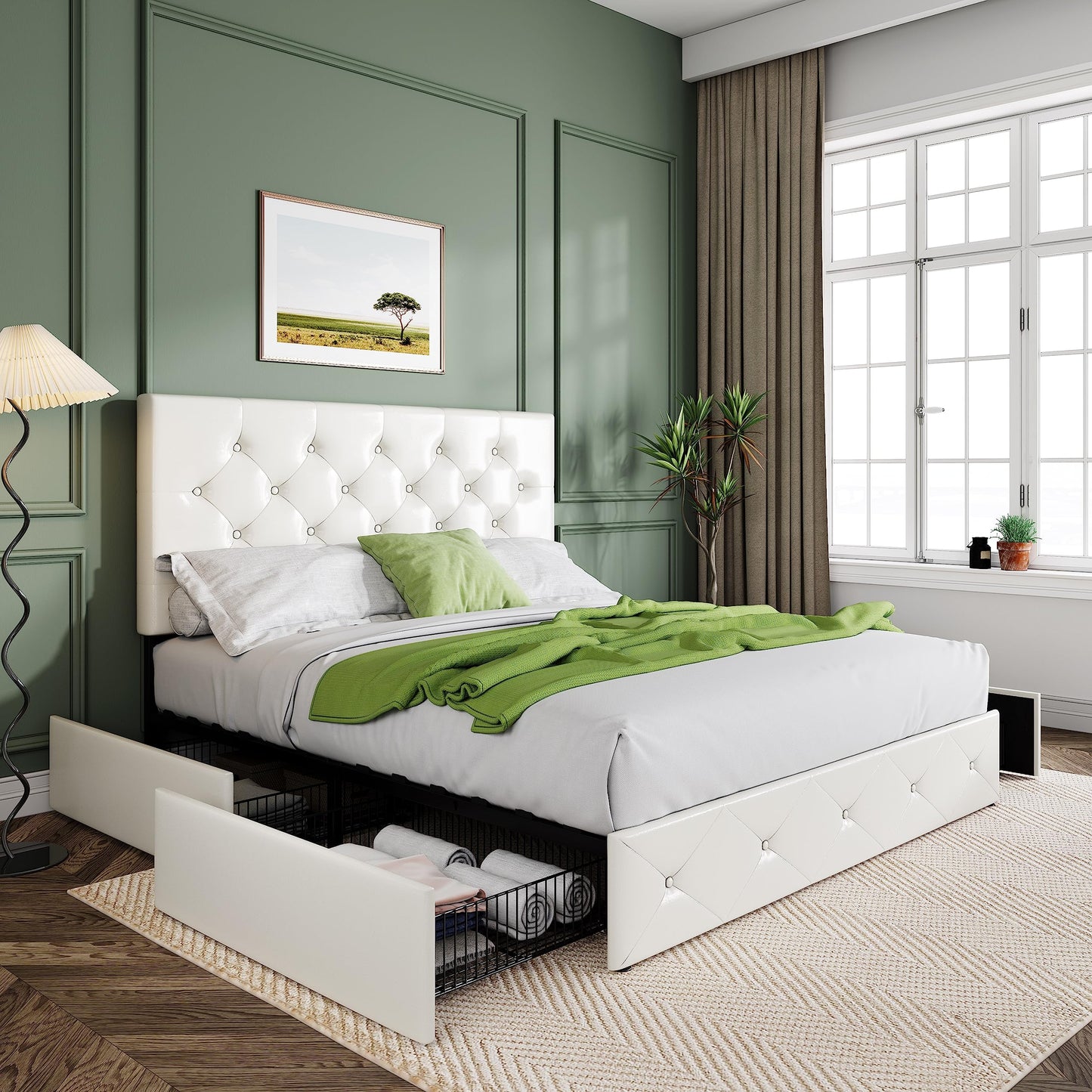 Upholstered Platform Bed Frame with 4 Storage Drawers and Headboard