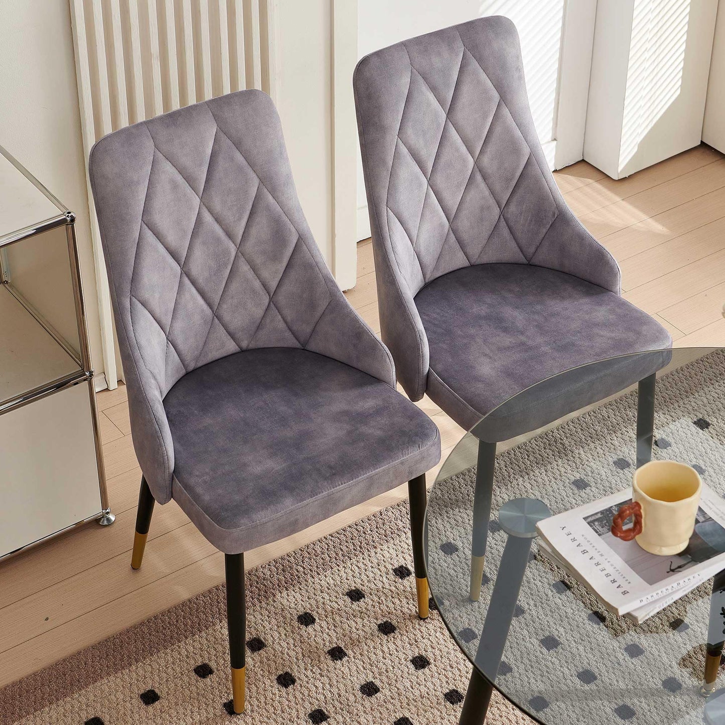 Kitchen Table and Chairs Set, Grey Glass Round Table with Metal Legs, 4 Chairs