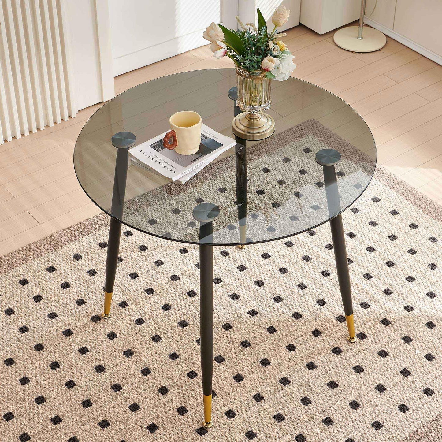 Kitchen Table and Chairs Set, Grey Glass Round Table with Metal Legs, 4 Chairs