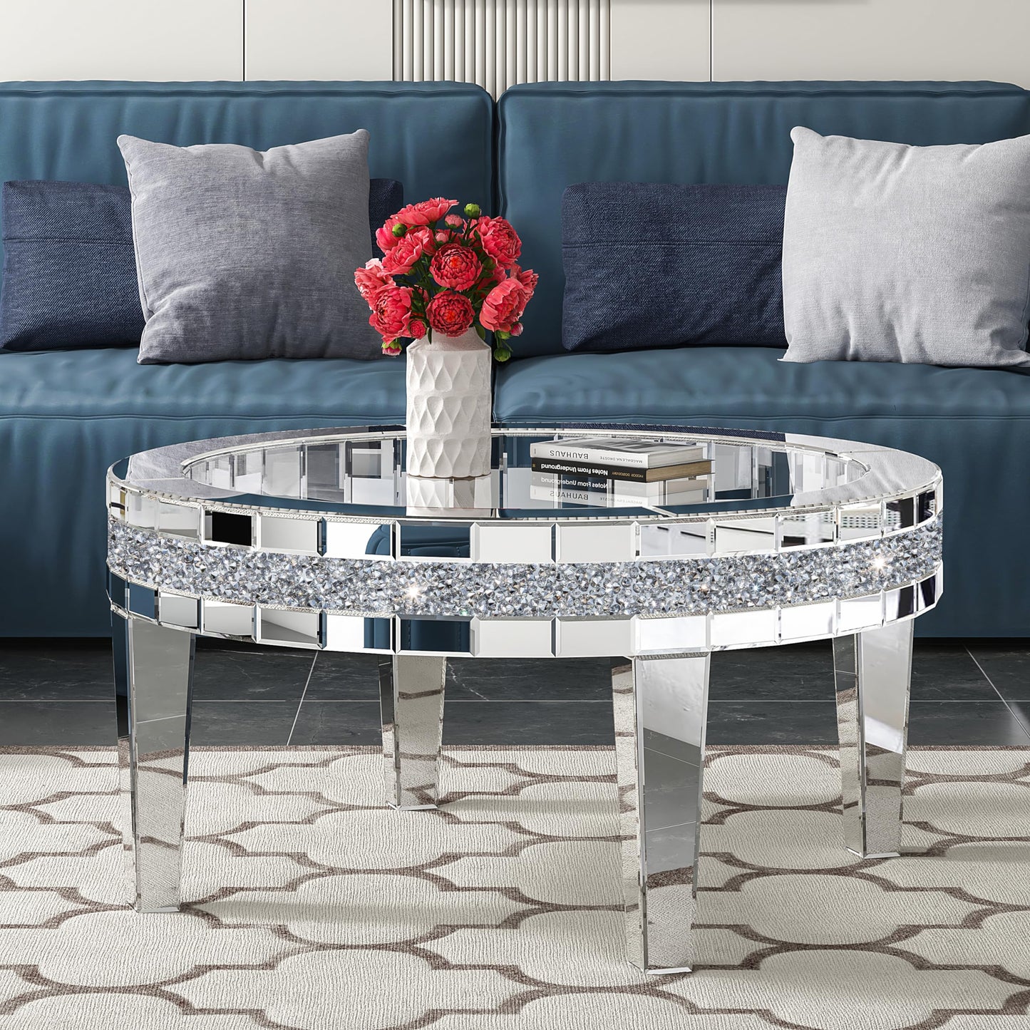 31.5'' Modern Round Coffee Table with Mirror Surface, Silver Accent Table