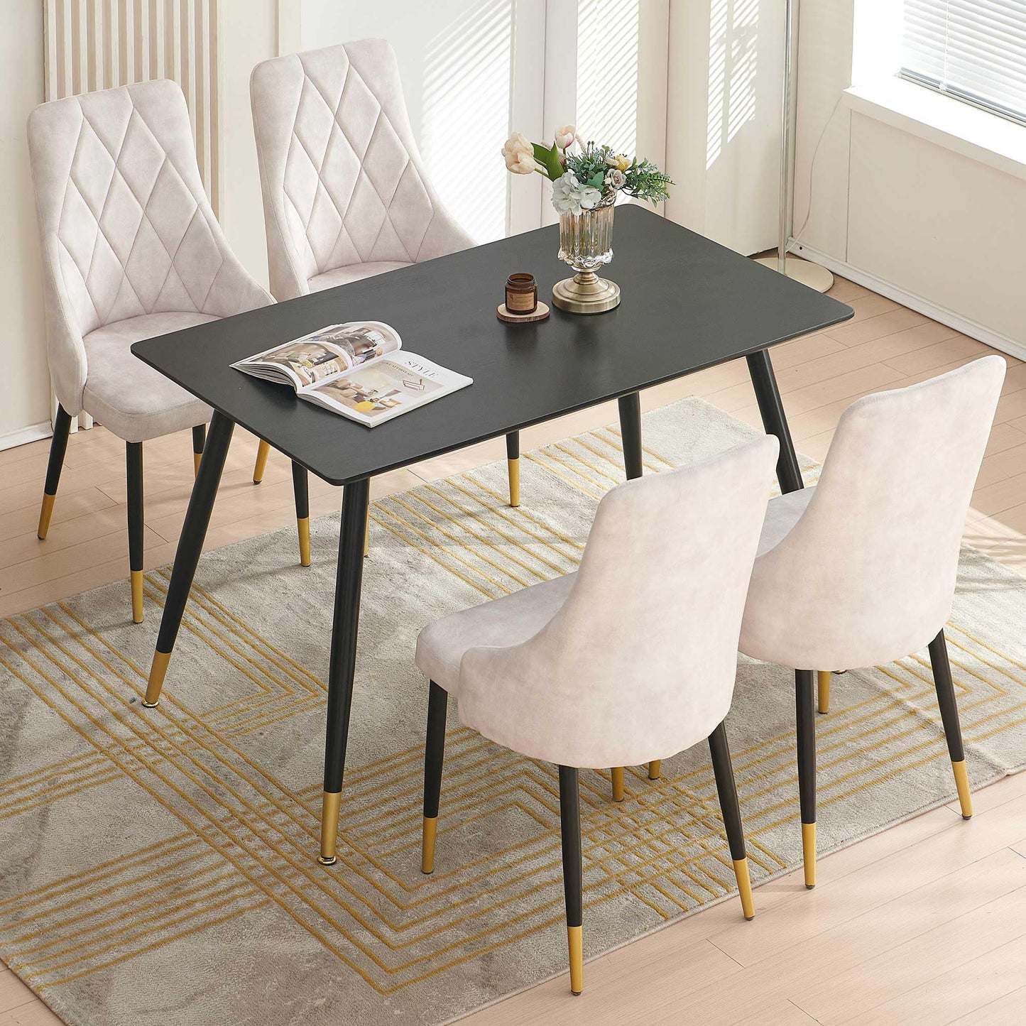 Kitchen Table and Chairs Set, Grey Glass Round Table with Metal Legs, 4 Chairs