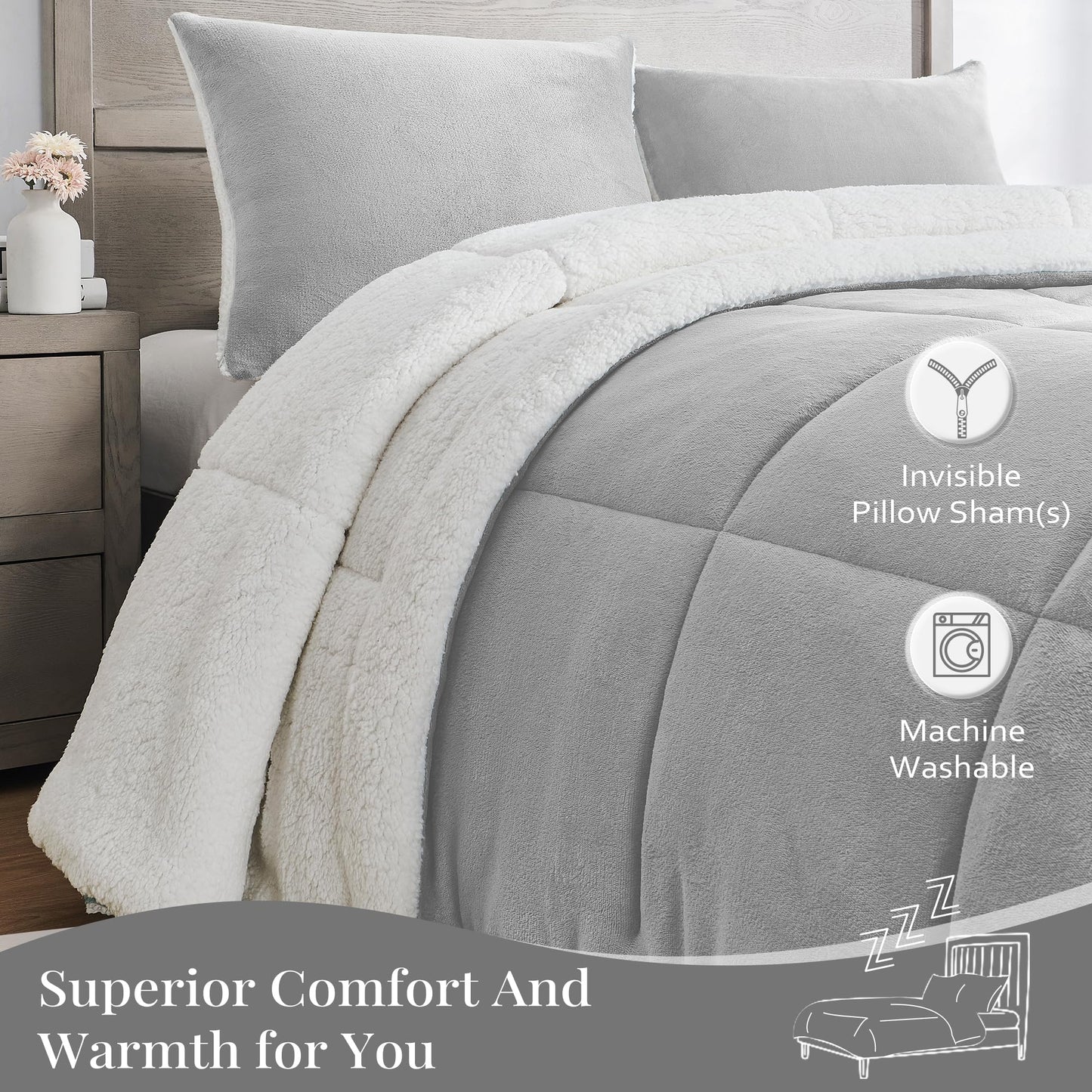 Luxury Fleece Sherpa Comforter Sets for Queen Bed, Soft and Warm Set