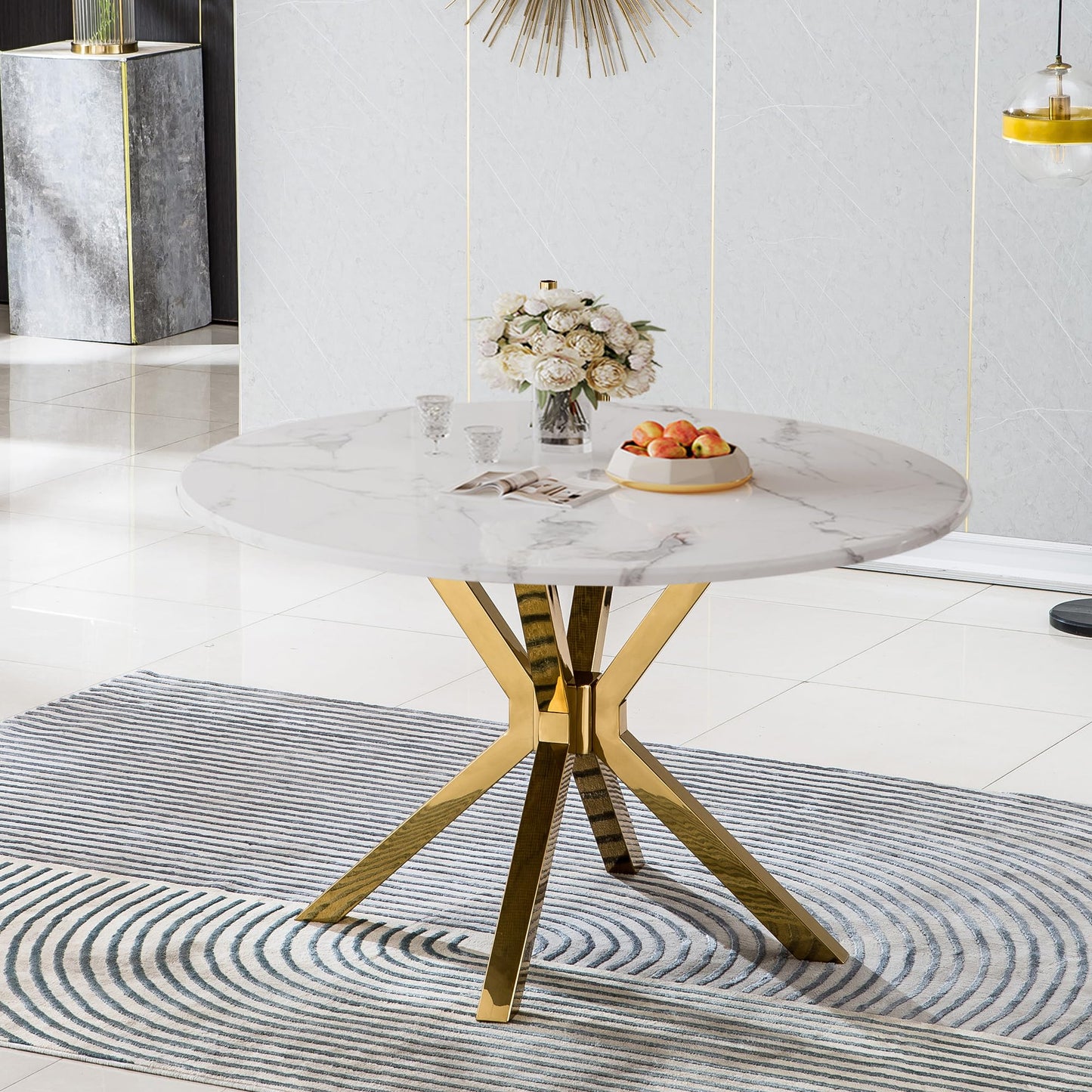 70 Inch White Marble Kitchen Table with Gold Mirrored Cabriole Legs