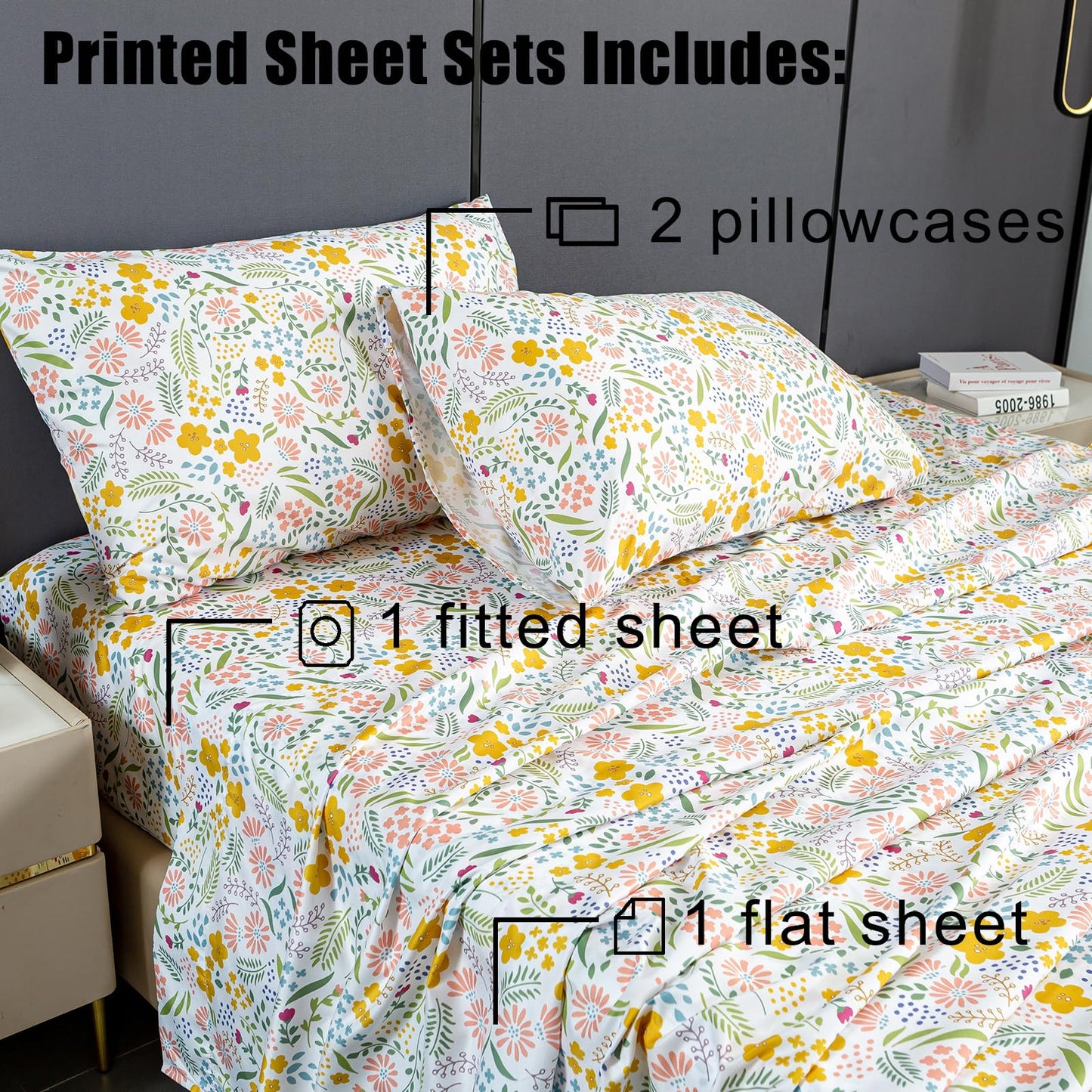 Queen Sheet Set Ultra Soft Breathable Silky Flower Bed Sheets Deep Pocket