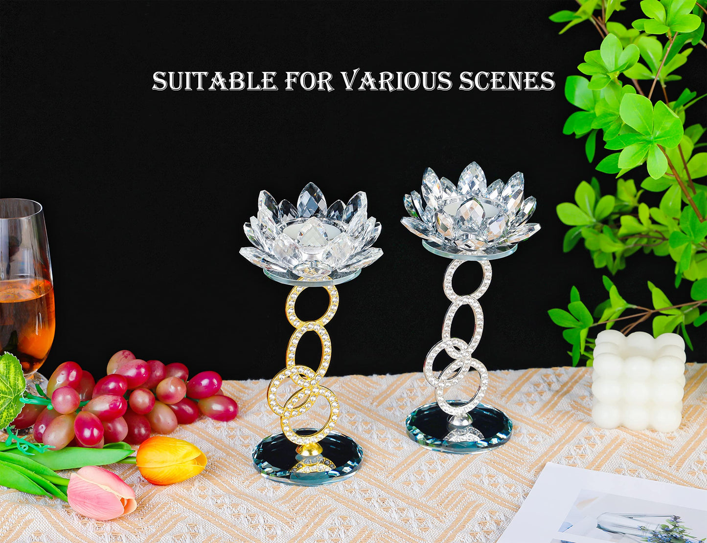 Set of 2, Lotus Flower Holder, Crystal Mirror Base, Silver Metal Bracket