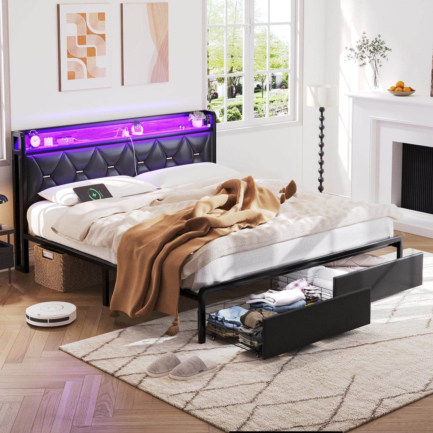 Led King Platform Bed Frame with Faux Leather Storage Headboard