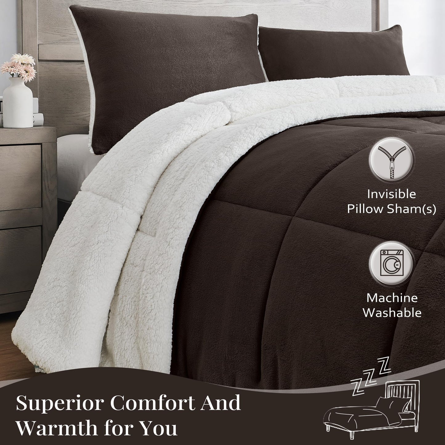 Luxury Fleece Sherpa Comforter Sets for Queen Bed, Soft and Warm Set