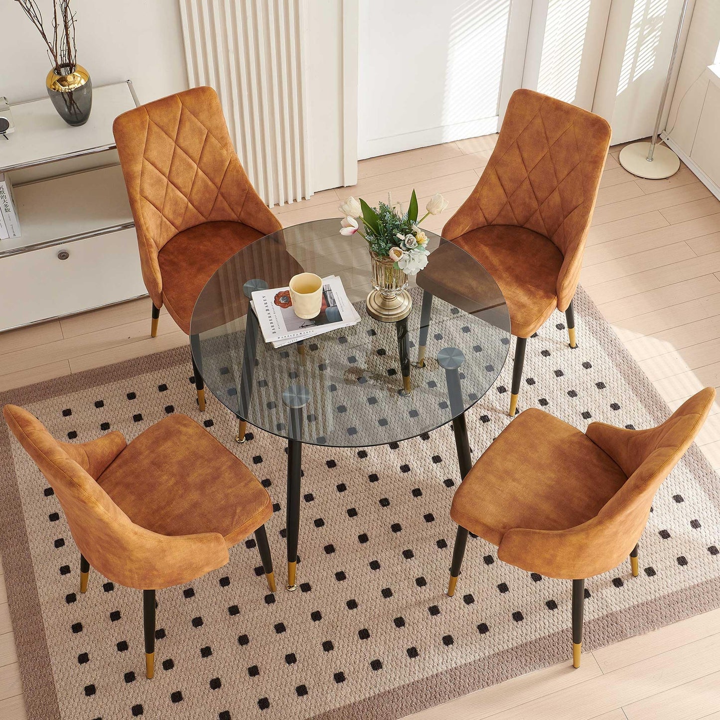 Kitchen Table and Chairs Set, Grey Glass Round Table with Metal Legs, 4 Chairs