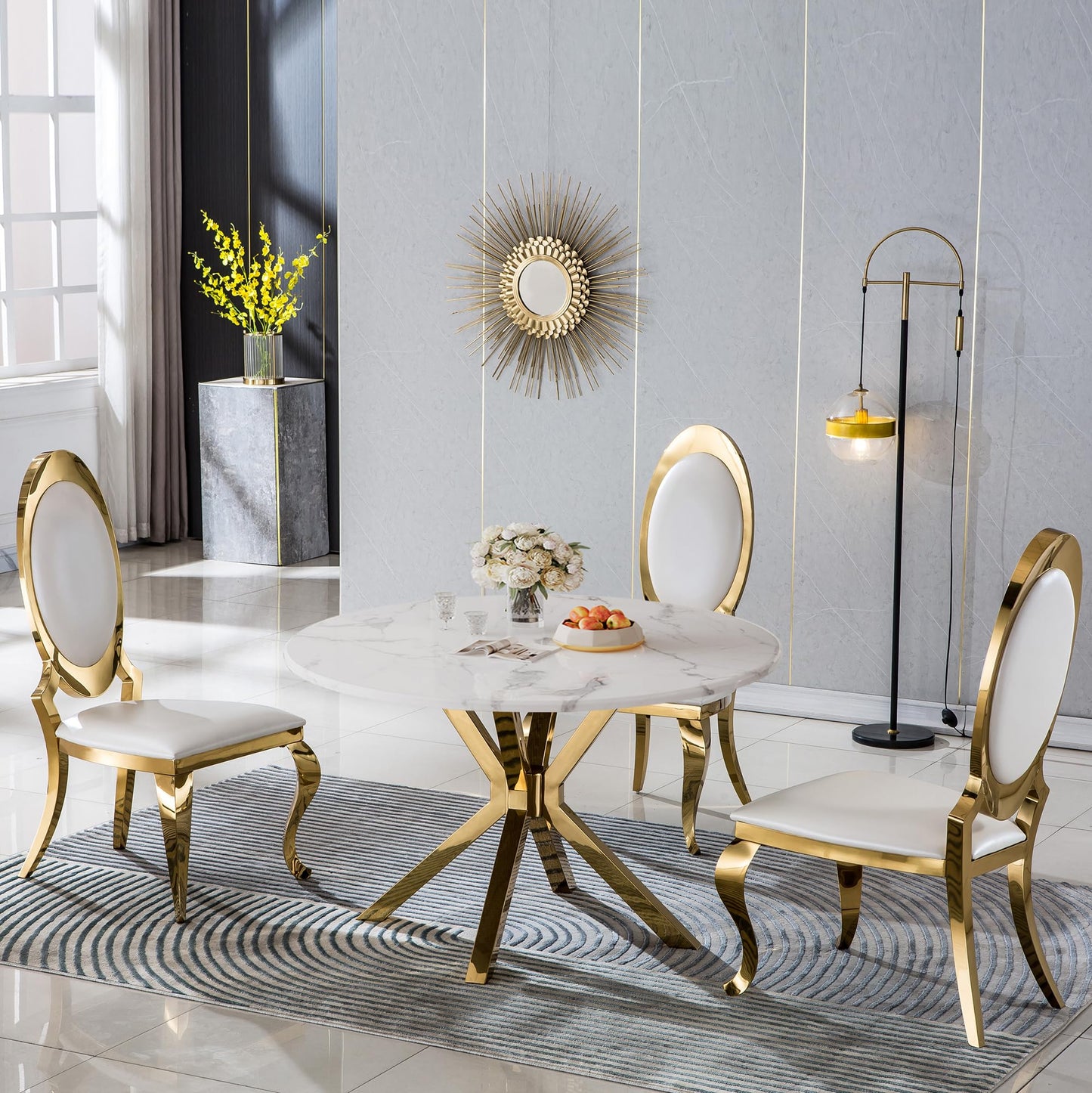 70 Inch White Marble Kitchen Table with Gold Mirrored Cabriole Legs