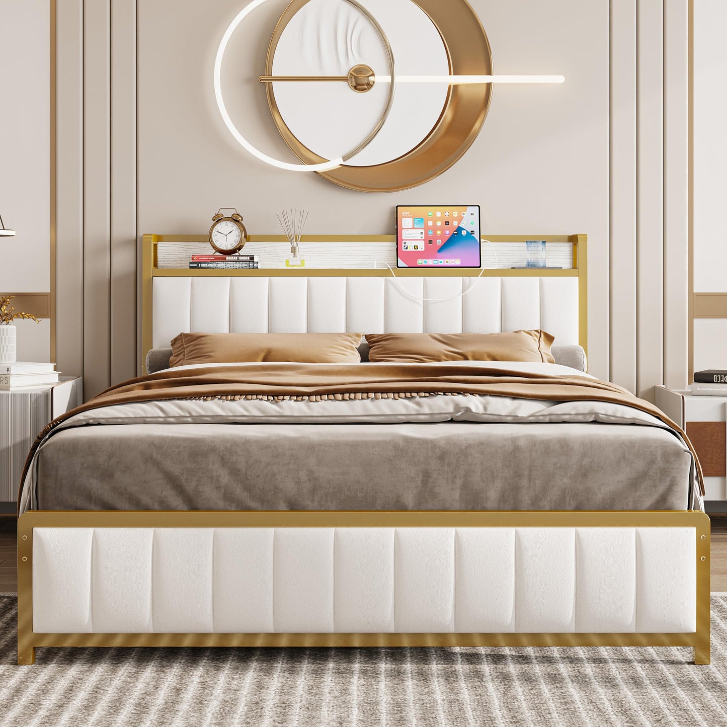 King Bed Frames, Storage Headboard with Charging Station