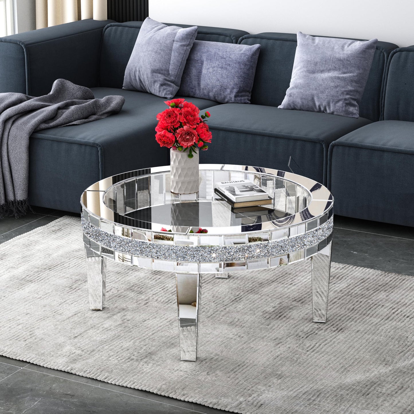 31.5'' Modern Round Coffee Table with Mirror Surface, Silver Accent Table