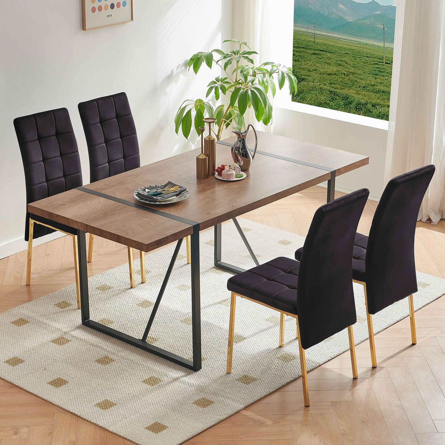 7 PCS Dining Room Table Set, 66" Large Kitchen Table Chairs Velvet Upholstered Chairs