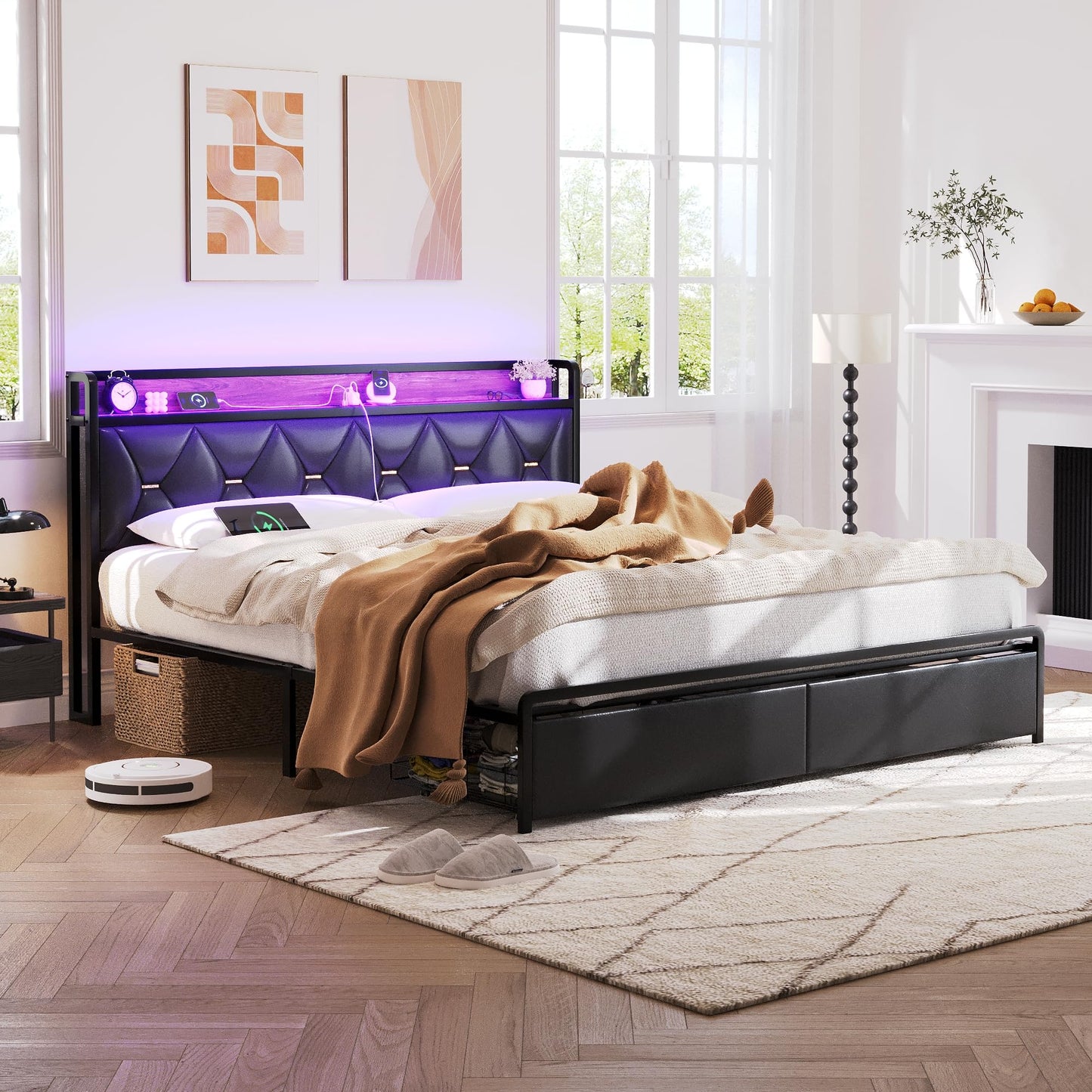 Led King Platform Bed Frame with Faux Leather Storage Headboard