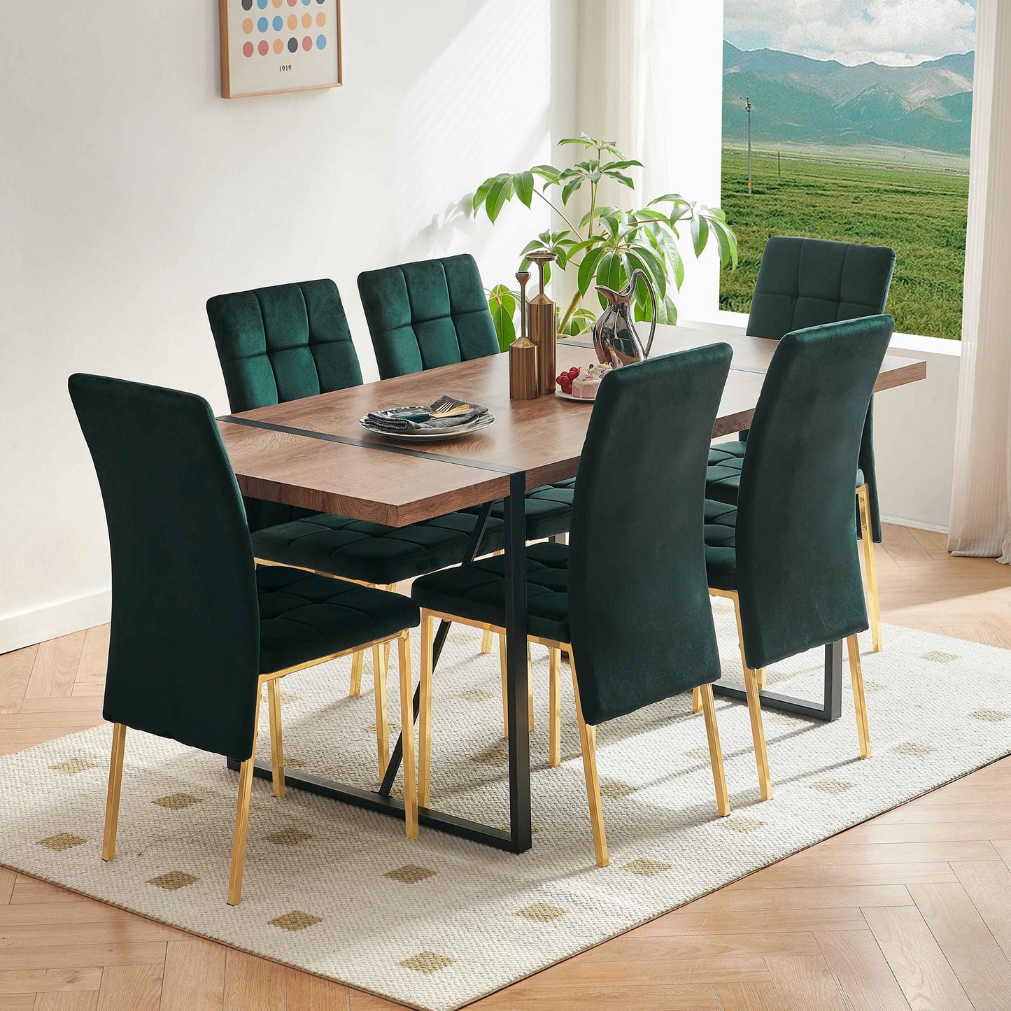 7 PCS Dining Room Table Set, 66" Large Kitchen Table Chairs Velvet Upholstered Chairs