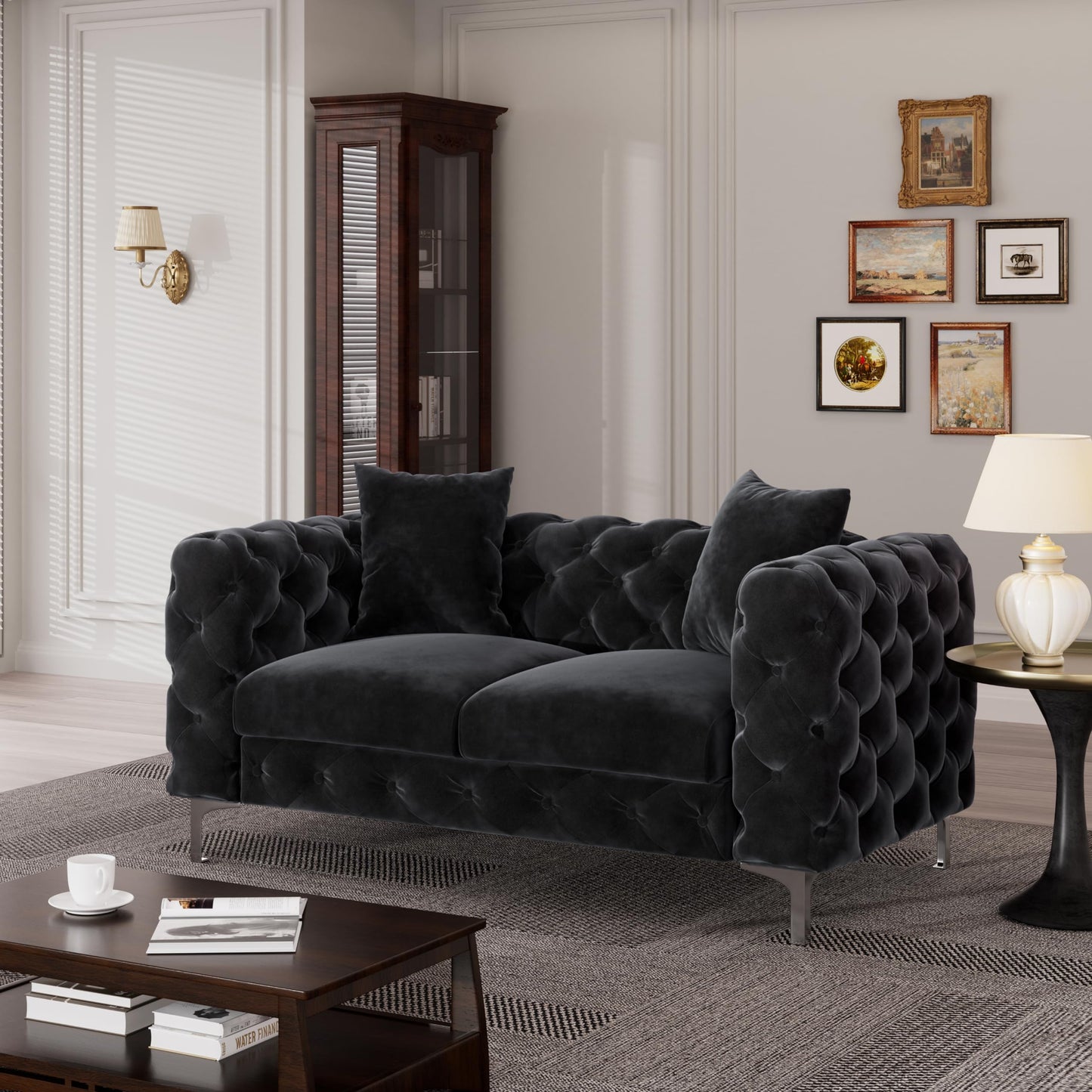 Velvet Couch Black Sofa Upholstered Modern Contemporary Sofa with Deep Button Tufting