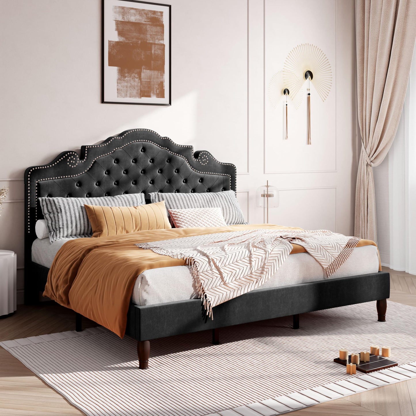 Velvet Tiara Upholstered Diamond Button Tufted Platform Bed