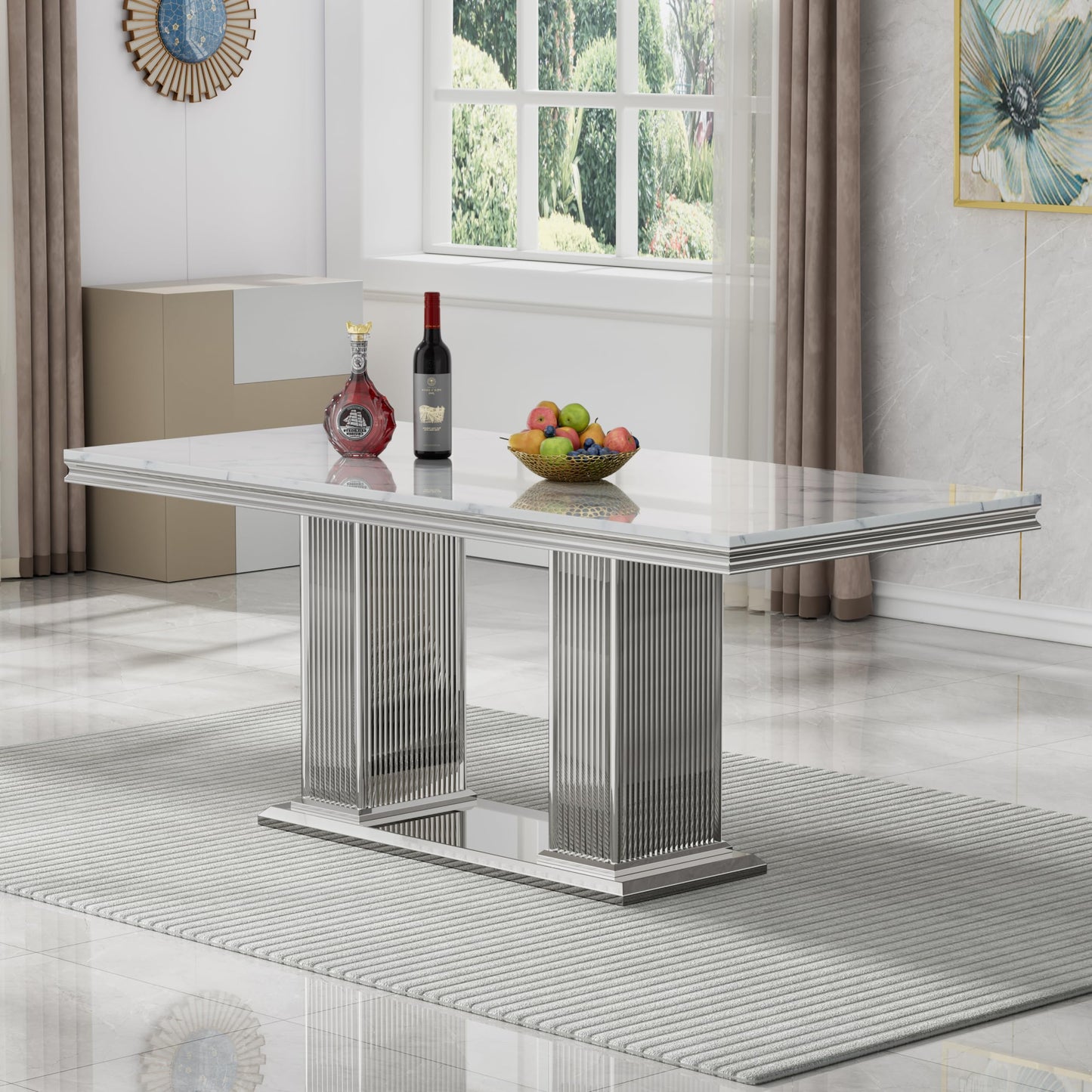 70 Inch White Marble Kitchen Table with Gold Mirrored Cabriole Legs